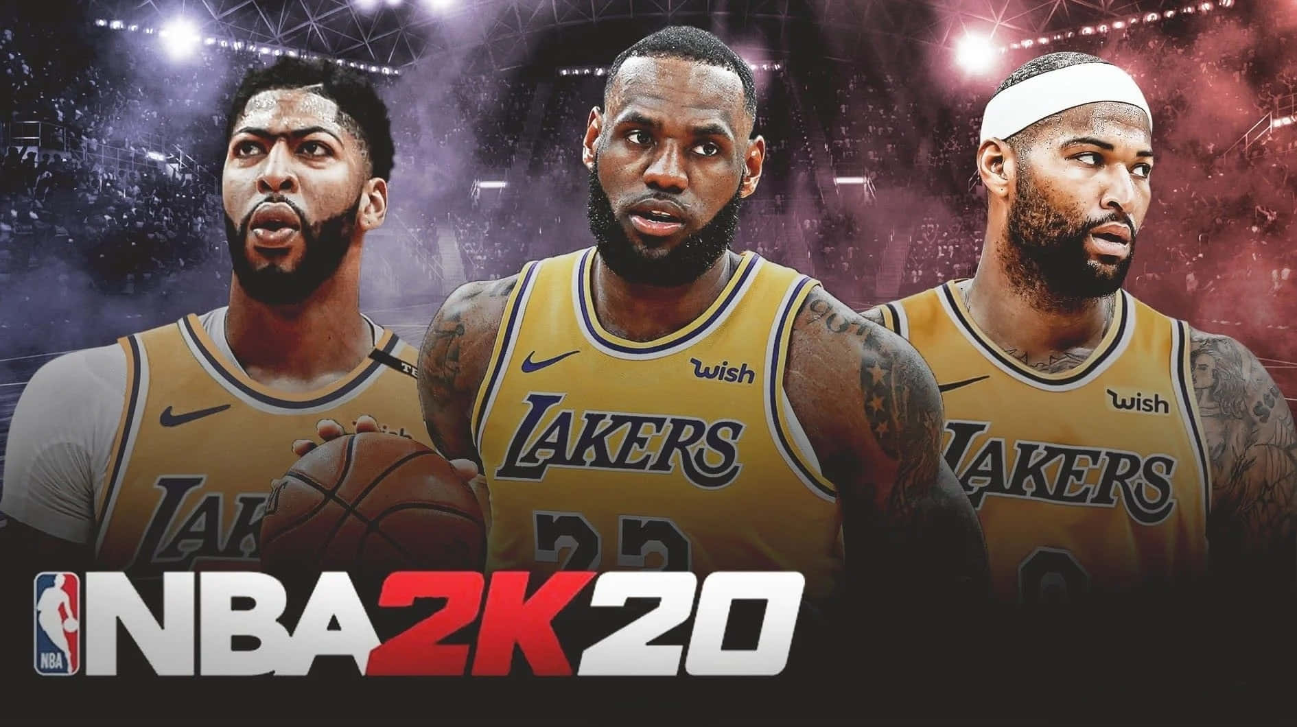 三位身穿黃色球衣的NBA湖人球員在比賽場景中凝視著。