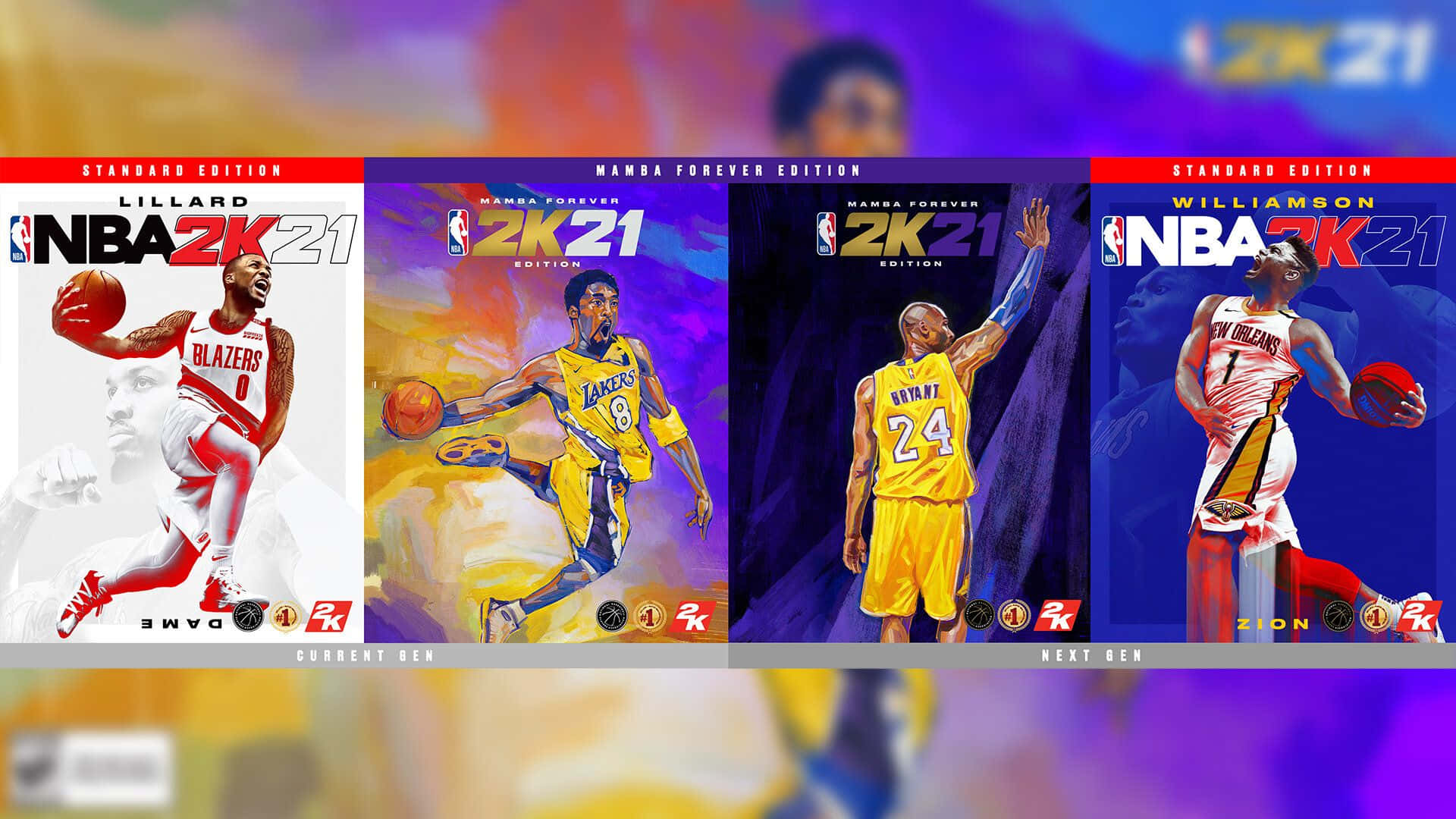 NBA 2K21 多種遊戲封面 壁紙 — 四張NBA 2K21封面藝術插圖，展示籃球運動員在動態姿勢中，背景為鮮豔的漸變色。