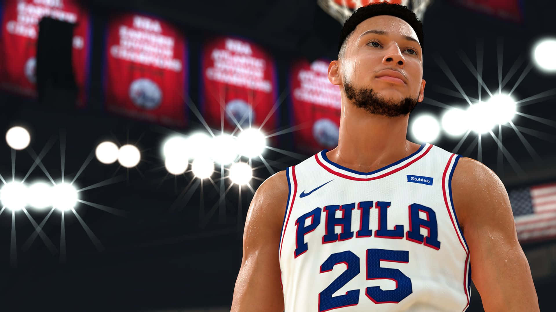 NBA 2K21 3D 本·西蒙斯 壁紙 — 一名身穿白色 'PHILA 25' 球衣的籃球運動員站在明亮的場館燈光下，背景是冠軍旗幟。