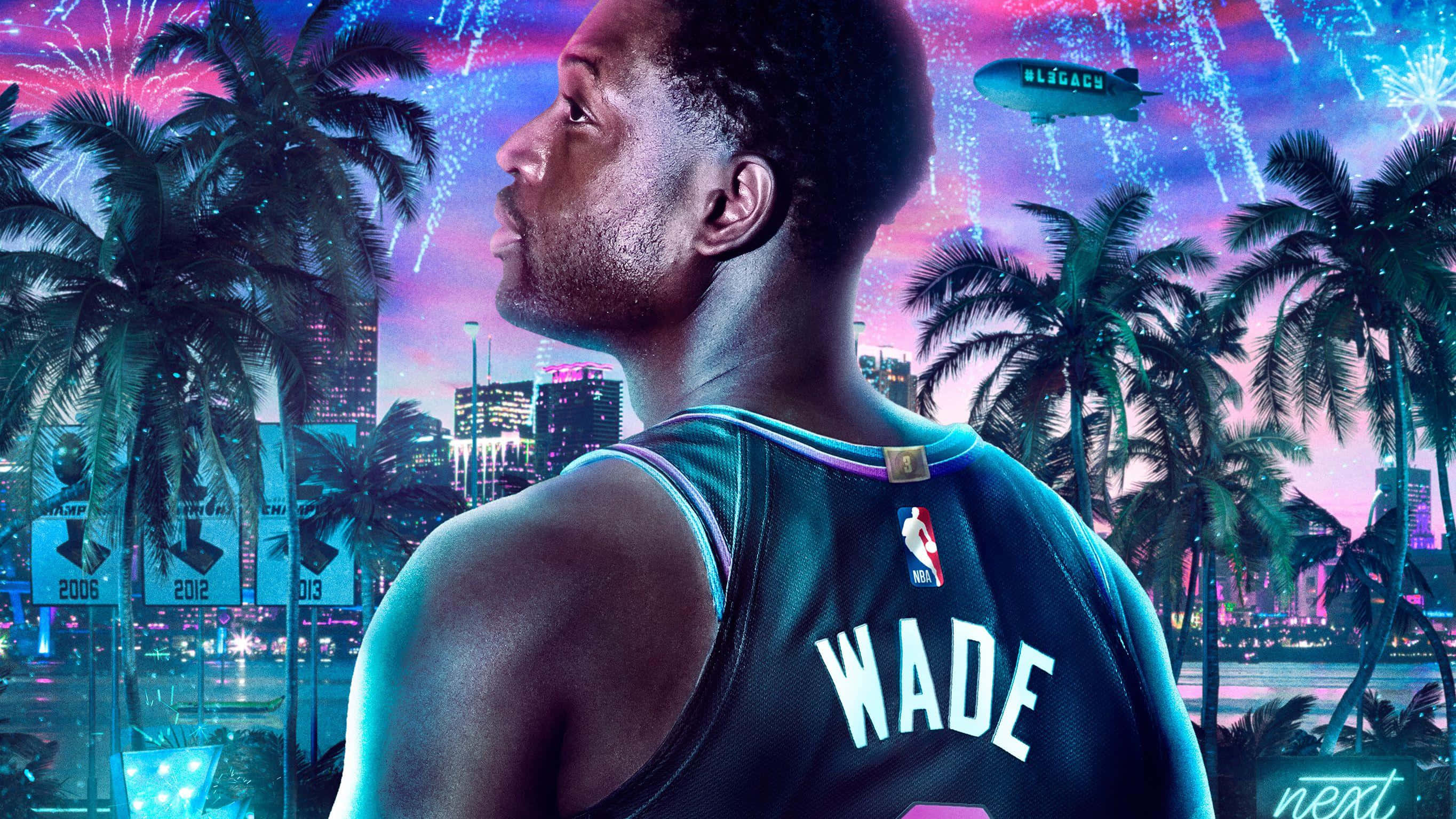 以NBA 2K21提升你的遊戲水準 壁紙 — 一位身穿邁阿密熱火隊球衣的籃球運動員凝視著霓虹燈閃爍的城市景觀，頭頂有棕櫚樹、煙火和飛船。