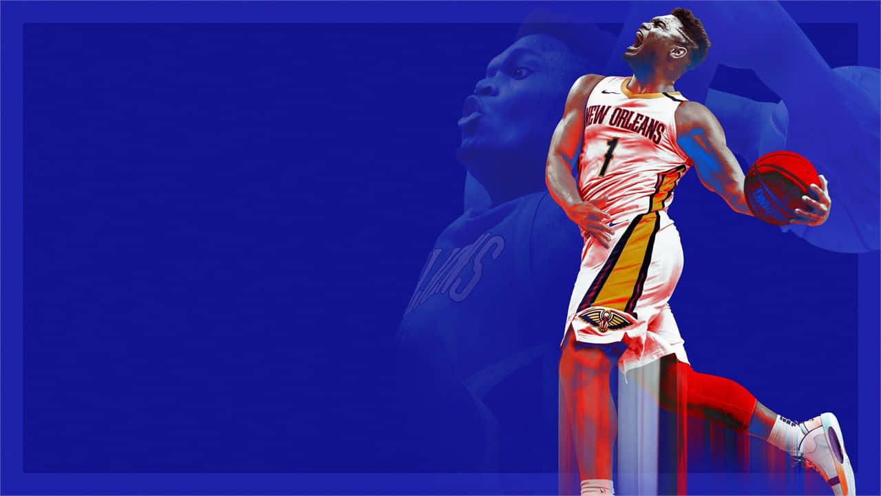 NBA 2K21 粉絲創作 壁紙 — 一位身穿新奧爾良隊服的動態數碼藝術籃球運動員，在深藍色背景上帶着球跳躍，背景中有一個幽靈般的面孔剪影。