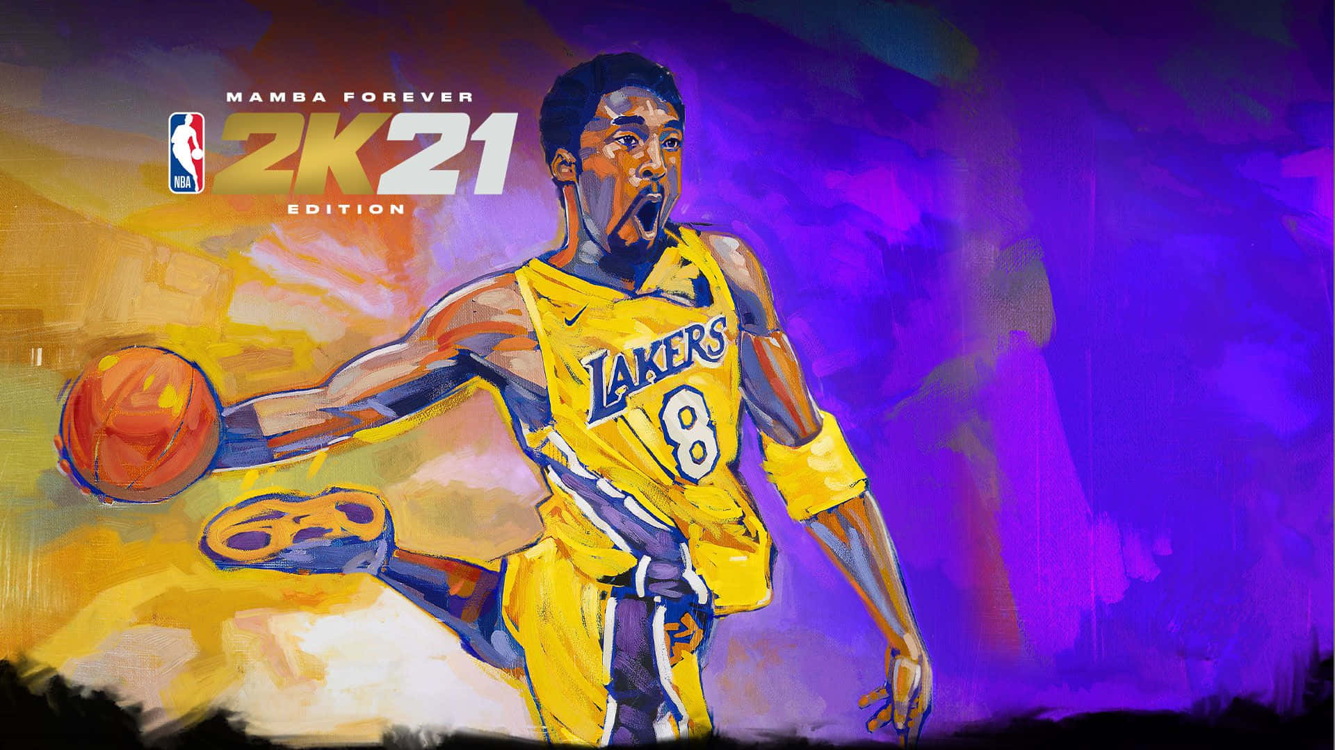 體驗真實籃球動作的《NBA 2K21》 壁紙 — 一幅充滿活力的數位畫作，描繪高比·拜仁穿著湖人球衣，在紫色和黃色漸變背景前專注地運球。