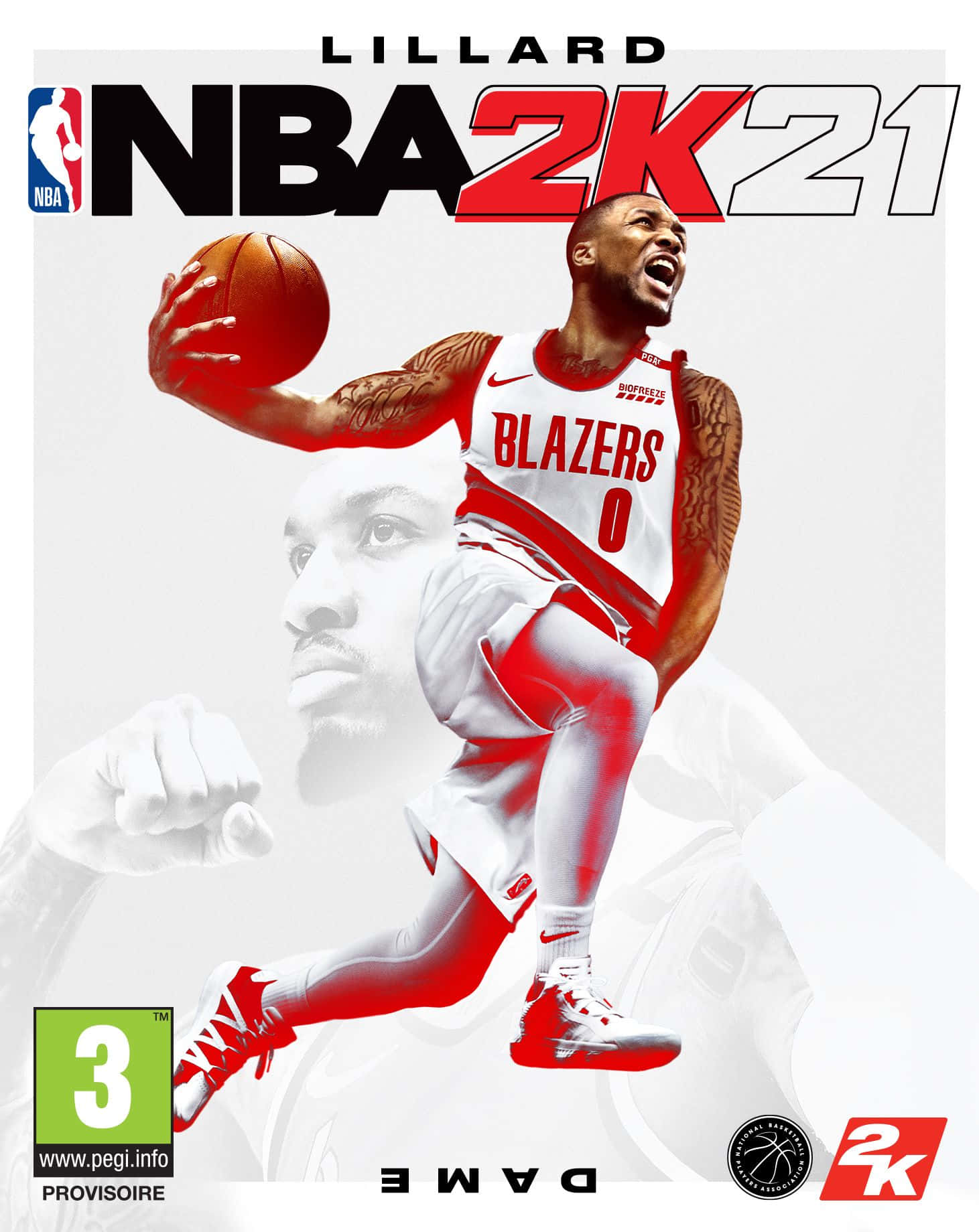 Damian Lillard 身穿波特蘭拓荒者球衣，在 NBA 2K21 電子遊戲封面上灌籃。