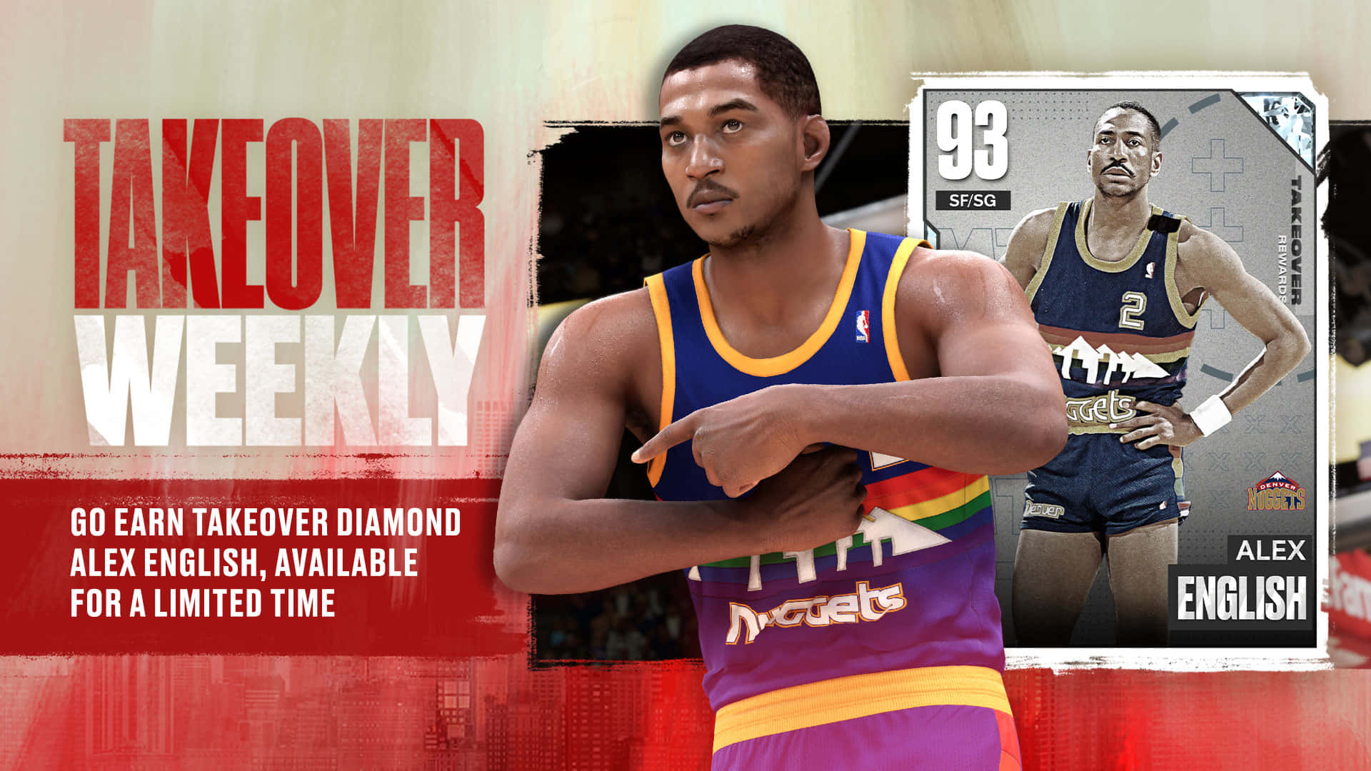 亞歷克斯·英格利什 NBA 2K23 Takeover Diamond 壁紙 — 一名身穿色彩繽紛復古丹佛金塊球衣的籃球運動員，在圖形遊戲推廣背景前自信地指著。