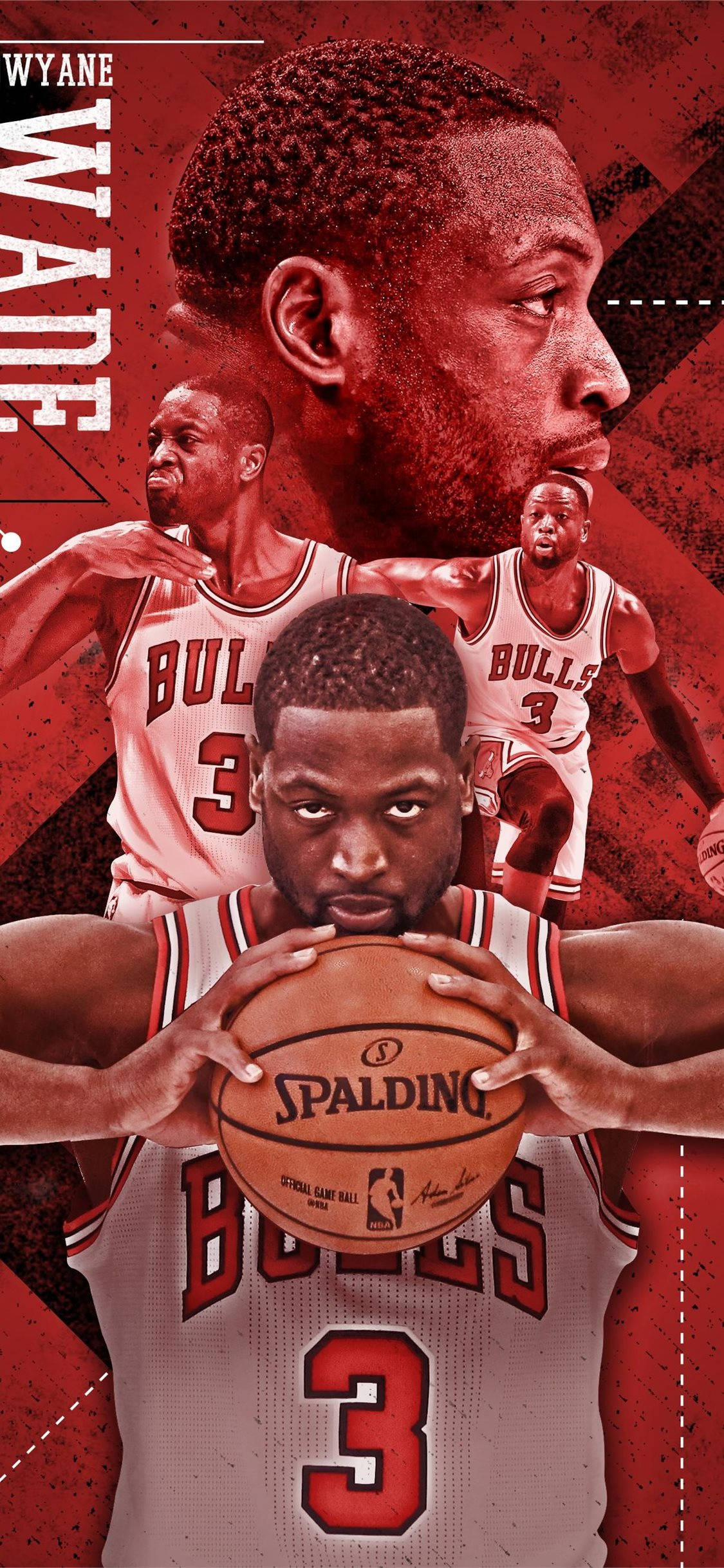 NBA總決賽 迈阿密热火队 德怀恩·韦德海報 壁紙 — 芝加哥公牛隊球員Dwyane Wade身穿球衣，手持Spalding籃球，以鮮紅色紋理背景襯托的動感拼貼畫。
