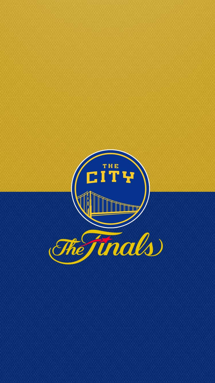 NBA金州勇士隊手機畫面 壁紙 — 金州勇士隊標誌，帶有「The City」和「The Finals」文字，背景為黃色和藍色紋理。