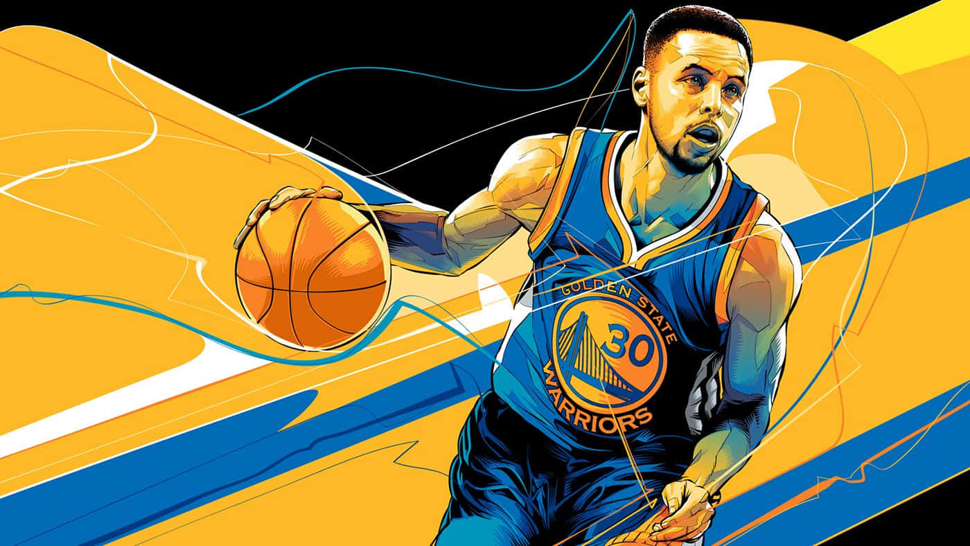 NBA全明星史蒂芬·柯瑞 壁紙 — 金州勇士隊球衣的籃球運動員史提芬居里在鮮明的黃藍色背景下運球，帶有動態線條的動態插圖。