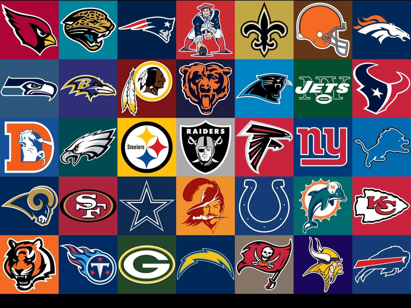 NBA球隊標誌拼貼畫 壁紙 — 一個充滿活力的網格，包含32個NFL球隊標誌，每個都在自己的彩色方格上，為運動迷創作出大膽的牆紙。