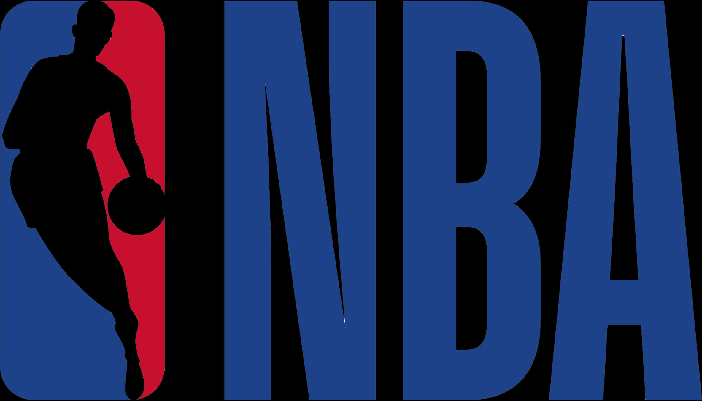 NBA 標誌經典籃球設計 壁紙 — 大膽的NBA標誌，黑色剪影的籃球運動員在紅色和藍色方塊前運球。