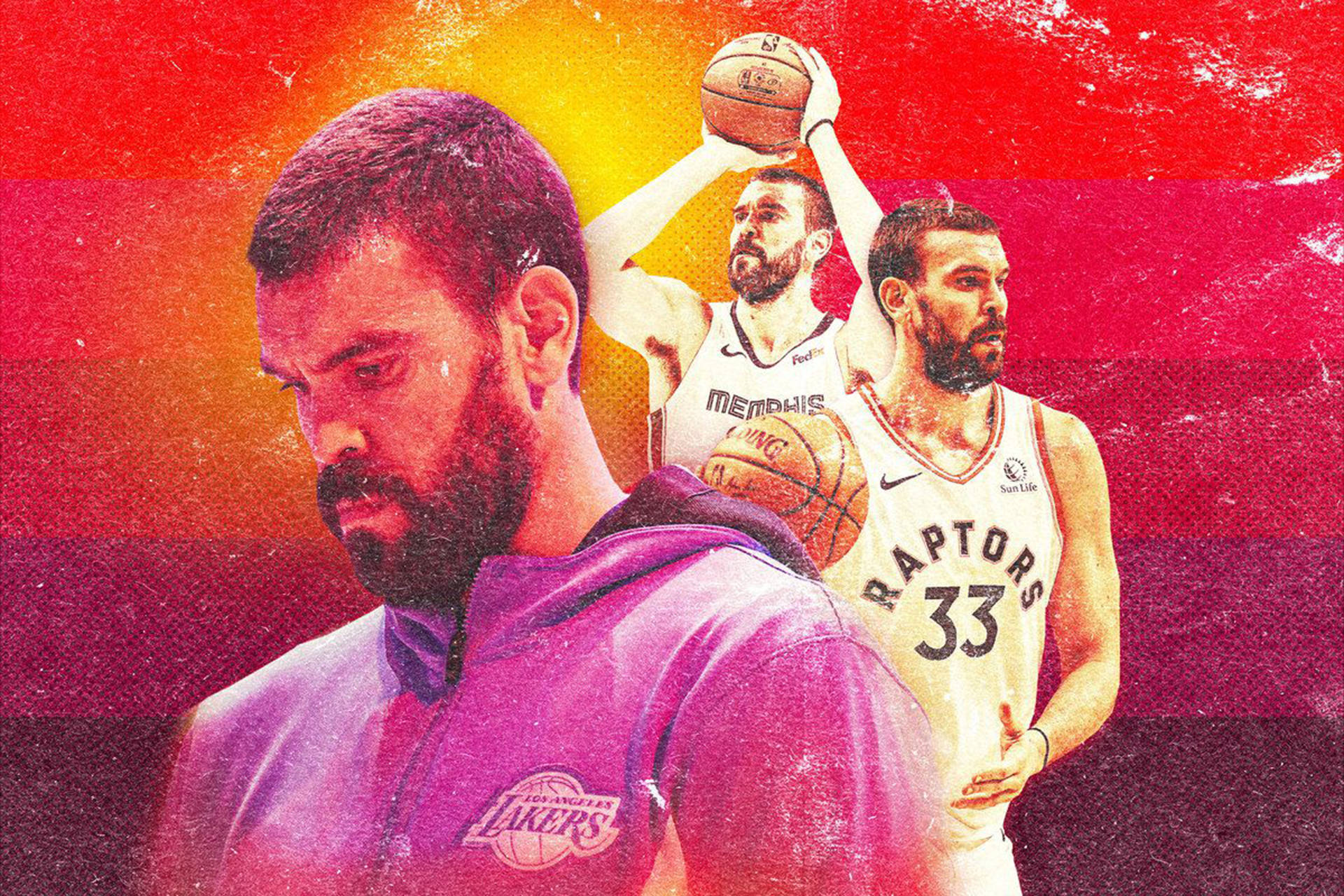 馬克·加索爾NBA多倫多暴龍 壁紙 — 籃球運動員馬克·加索爾身穿湖人隊和猛龍隊球衣，以充滿活力的日落漸變背景為襯托的風格化圖形拼貼畫。