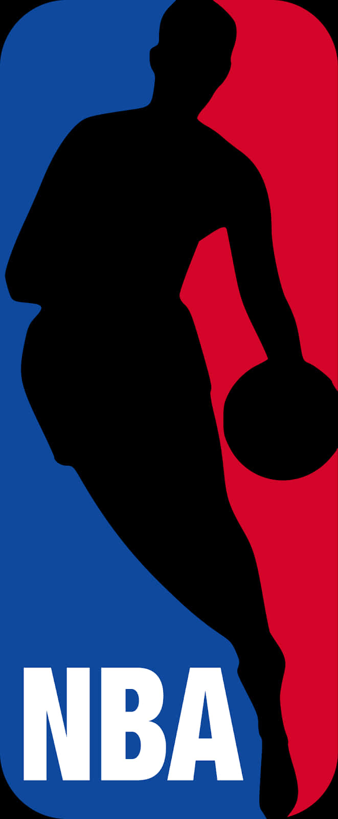 NBA經典籃球標誌設計 壁紙 — 一個大膽的黑色剪影，描繪籃球運動員在藍紅分半的背景上運球，並帶有白色NBA文字。