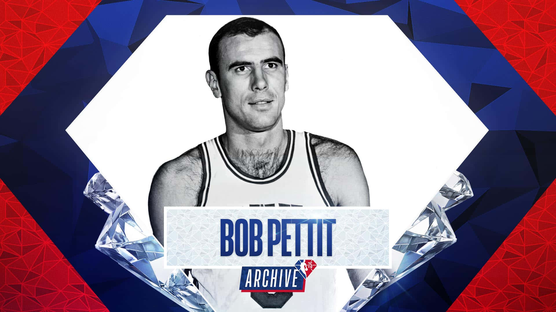 Bob Pettit身穿籃球球衣的肖像，帶有幾何紅藍背景和鑽石圖形。