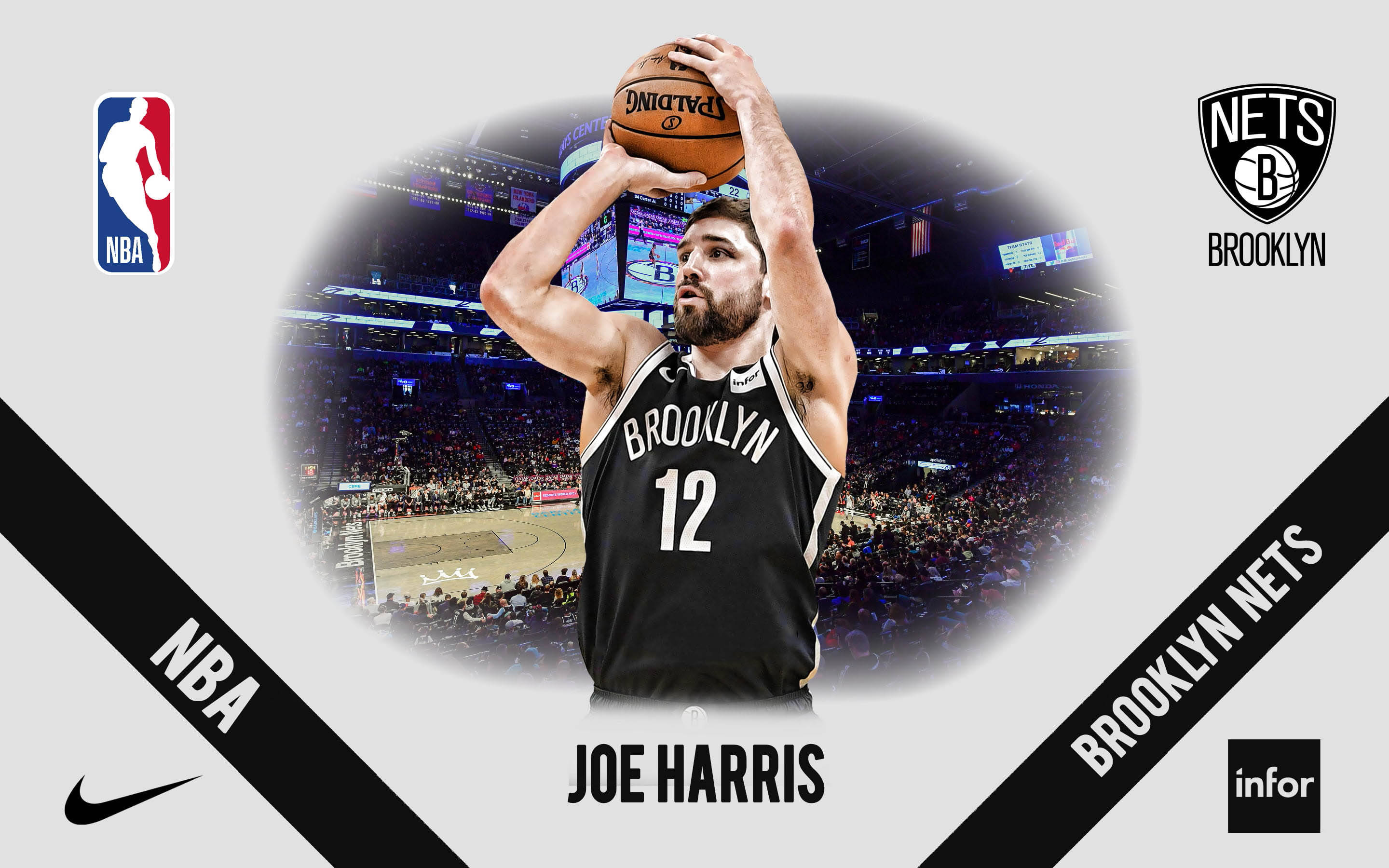 喬·哈里斯 NBA海報 壁紙 — 布魯克林籃網隊球員祖夏里斯身穿黑色球衣，在明亮的燈光下準備在擠滿觀眾的場館中投籃。