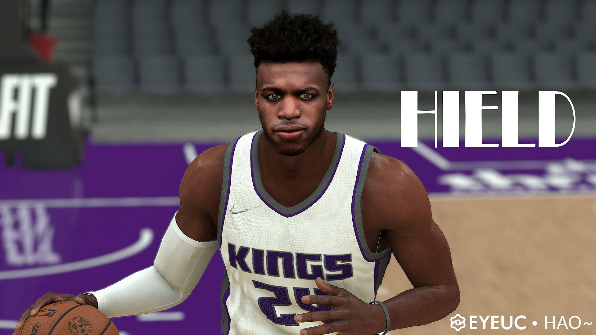 NBA球星 Buddy Hield 動作瞬間 壁紙 — 一名身穿白色Kings球衣的籃球運動員在紫色球場上持球，背景有'HIELD'字樣。