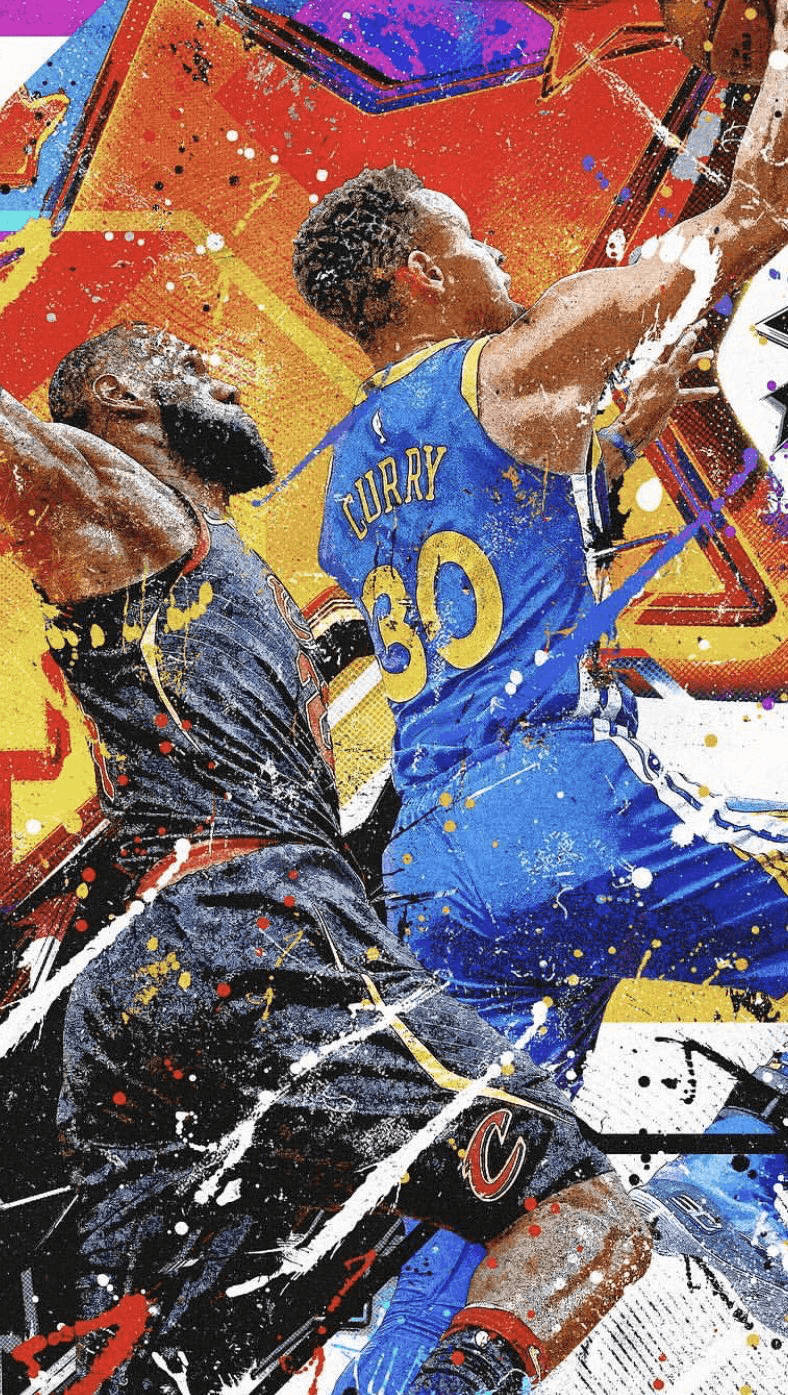 酷炫NBA藝術 壁紙 — 動態籃球運動員在半空中戰鬥，帶有鮮豔的油漆飛濺和大膽的幾何形狀。