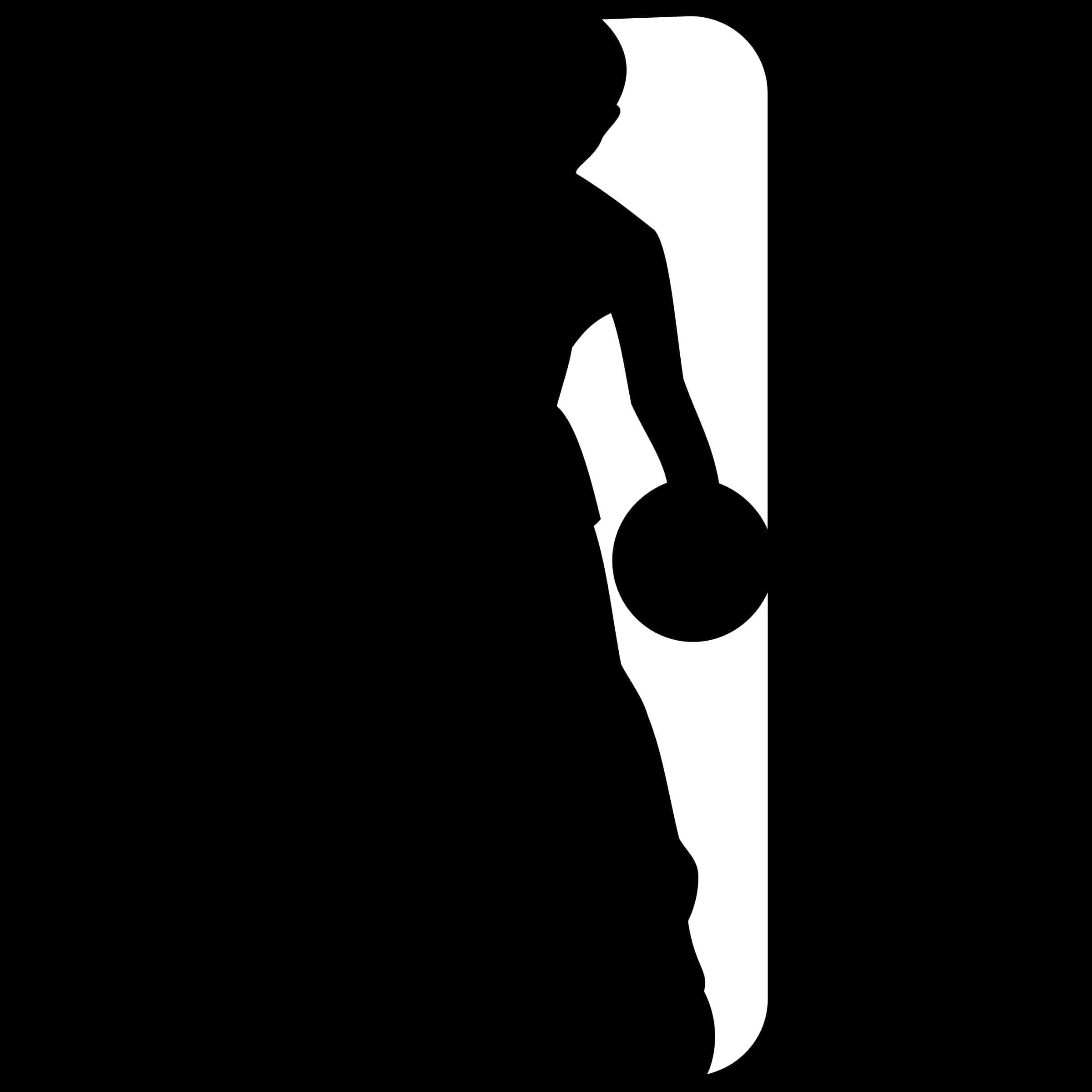 NBA標誌剪影籃球員 壁紙 — 一個人在黑色背景上拿著圓形物體的鮮明白色剪影。