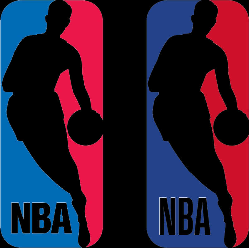 NBA標誌多種變體 壁紙 — 兩個相同的NBA標誌，以黑色剪影呈現籃球運動員在紅色和藍色背景上運球。