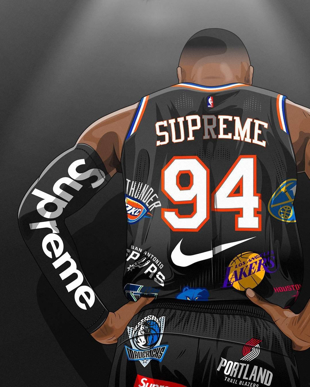 NBA iPhone Supreme x Nike 球衣 壁紙 — 一個風格化的插圖，從背後看到一名籃球運動員穿著黑色Supreme球衣，號碼94，帶有多個NBA球隊標誌。