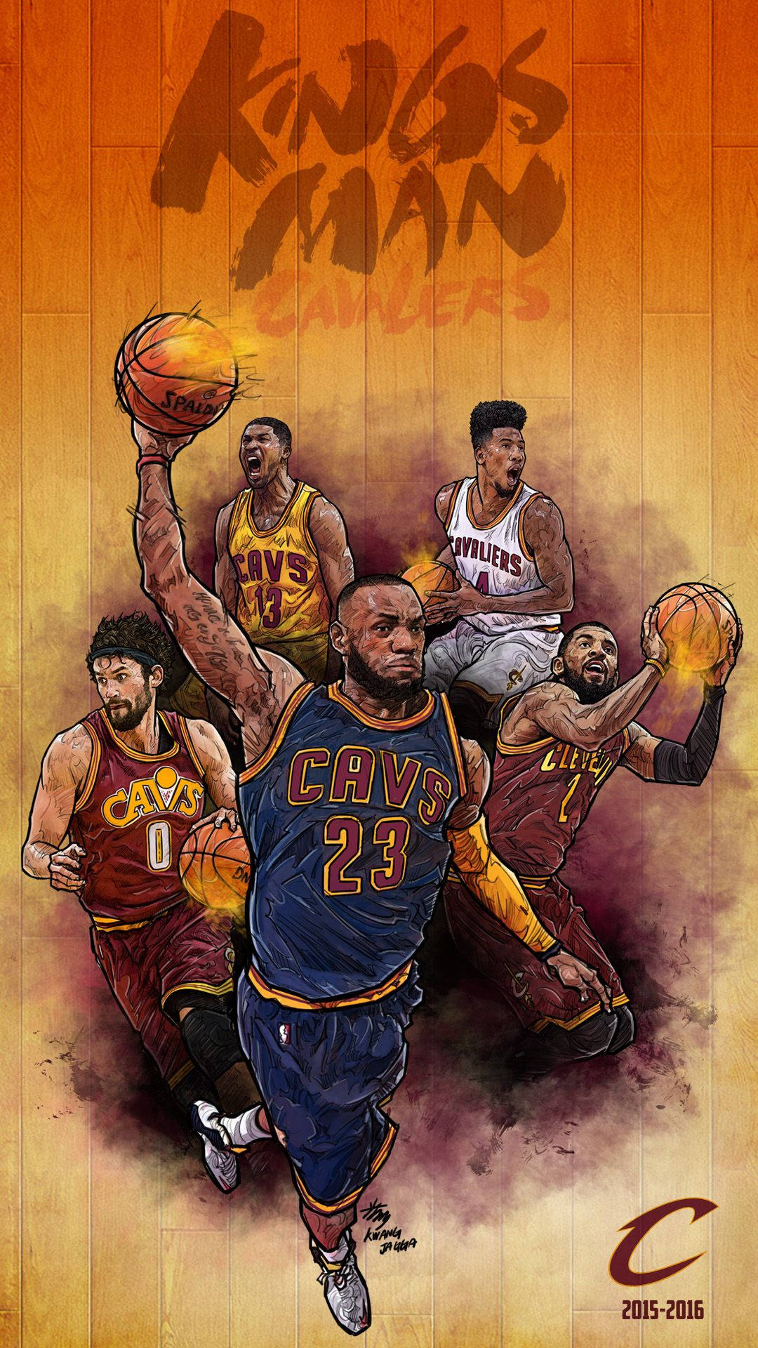 NBA iPhone 克里夫蘭騎士隊勒布朗·詹姆斯 壁紙 — 動態插圖描繪克里夫蘭騎士隊籃球運動員在木質球場背景下，以火熱的橙色和紫色色調進行比賽。