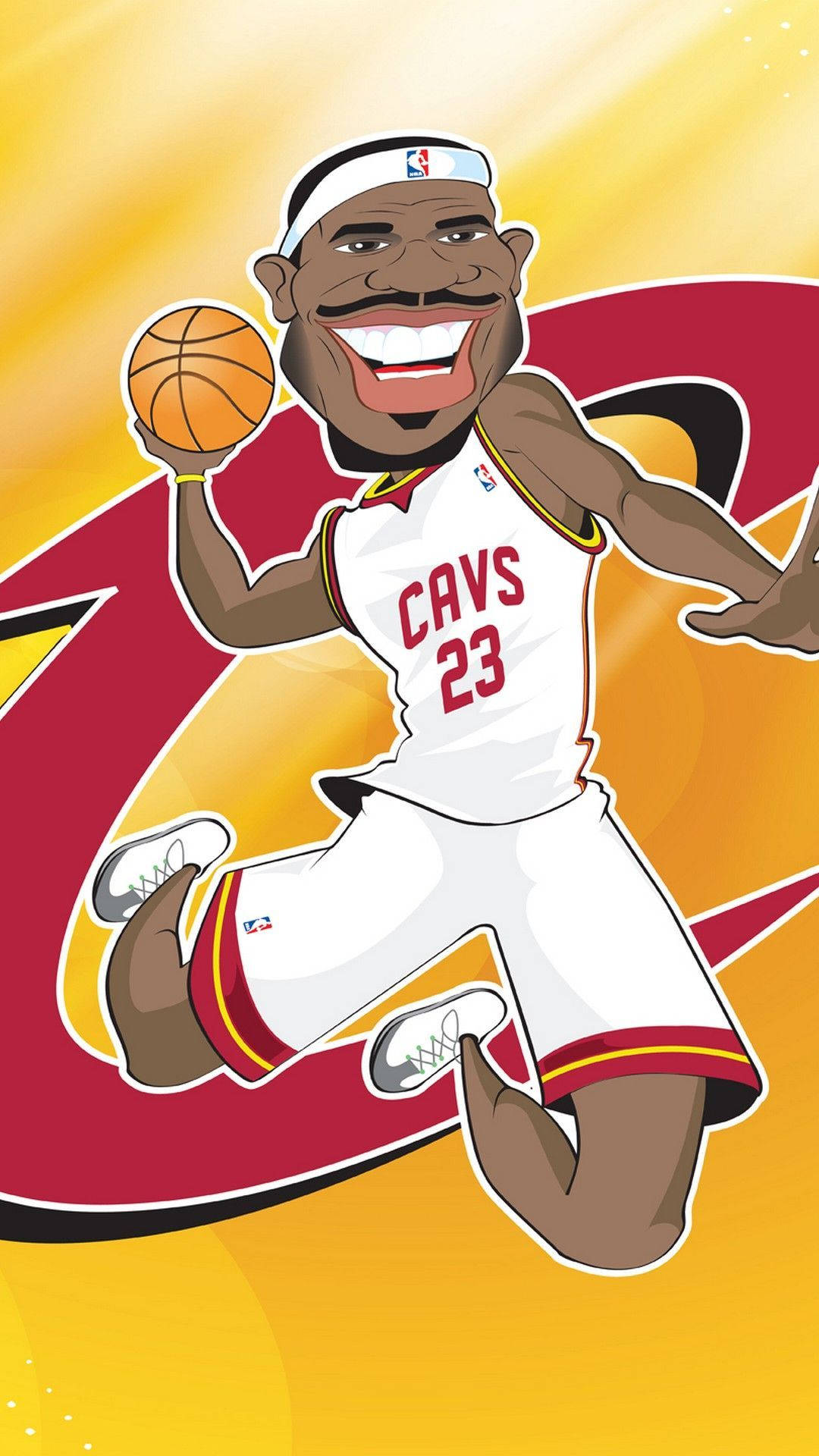 NBA iPhone 勒布朗·詹姆斯 卡通藝術作品 壁紙 — 卡通勒邦占士身穿騎士隊球衣，在充滿活力的黃色和紅色背景下運球。