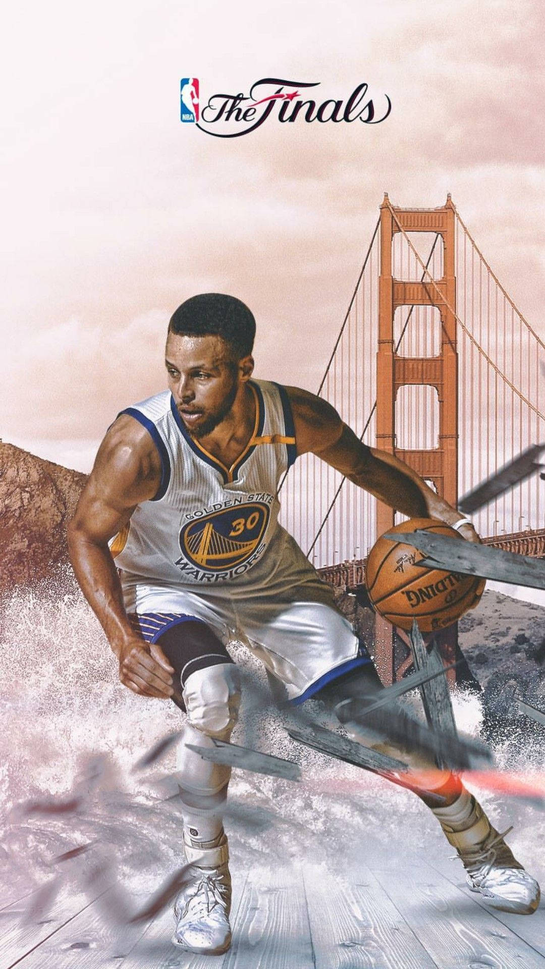 NBA iPhone 史蒂芬·柯瑞 金州勇士隊 壁紙 — 一幅動態數碼藝術描繪籃球運動員史提芬居里在朦朧天空下，身後有金門大橋，正在運球。