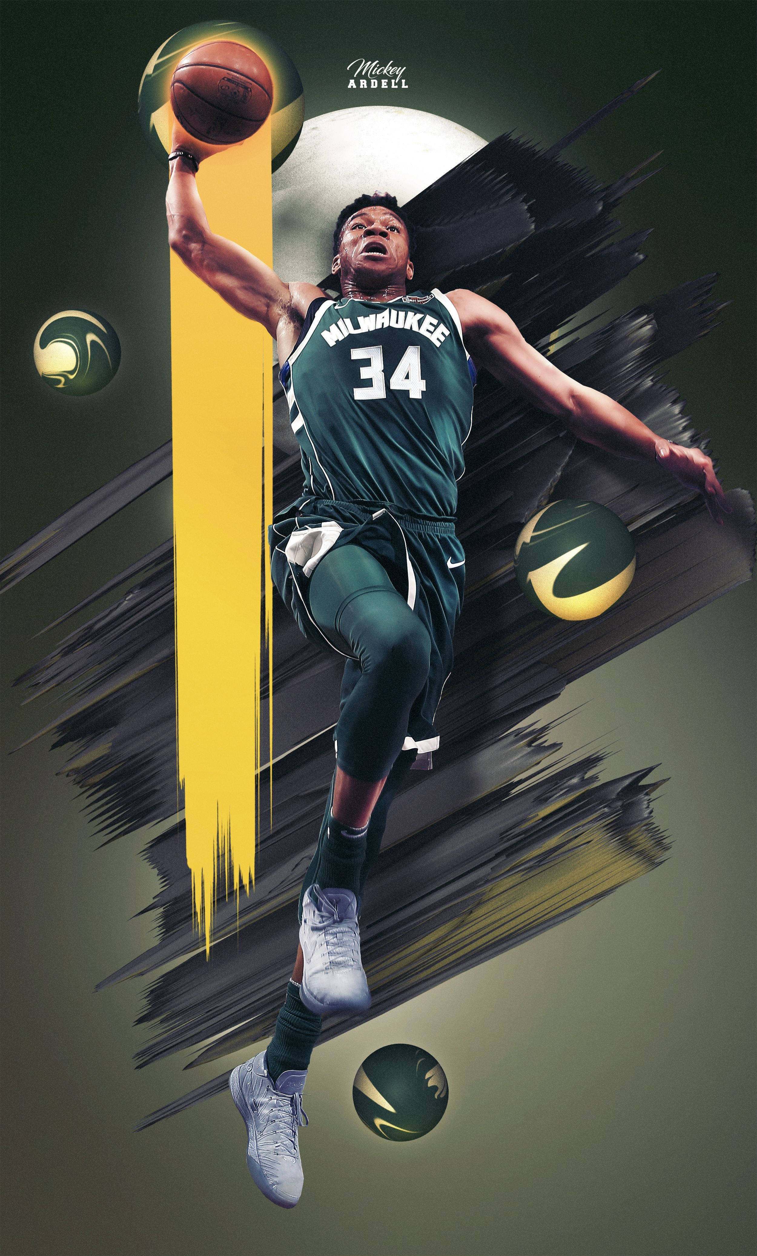 NBA iPhone 吉安尼斯·安特托昆博 密爾沃基雄鹿隊 壁紙 — 一幅充滿動感的數碼插圖，描繪密爾沃基公鹿隊籃球運動員在半空中入樽，帶有鮮明的黃色和綠色抽象動感線條。