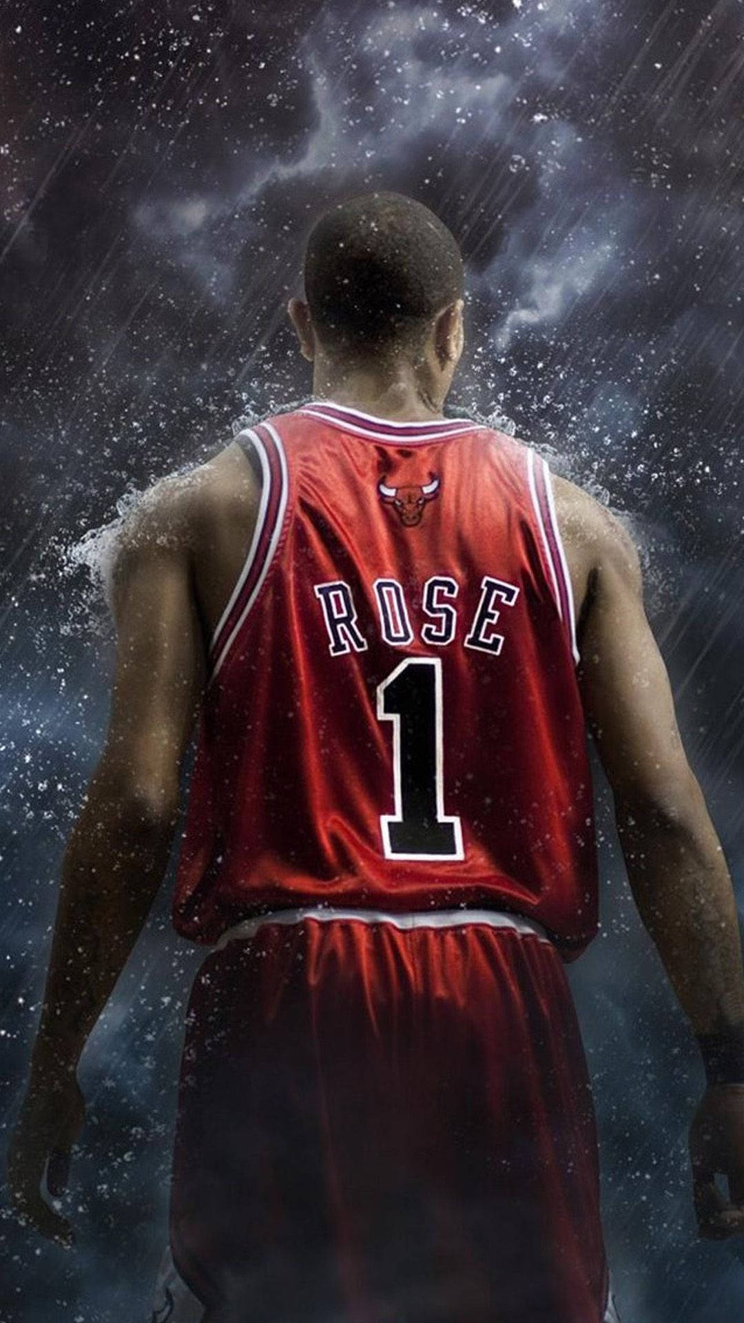 NBA iPhone 德里克·羅斯公牛隊1號 壁紙 — 一名身穿芝加哥公牛隊紅色球衣的籃球運動員背向觀眾，站在風暴般的宇宙天空下。