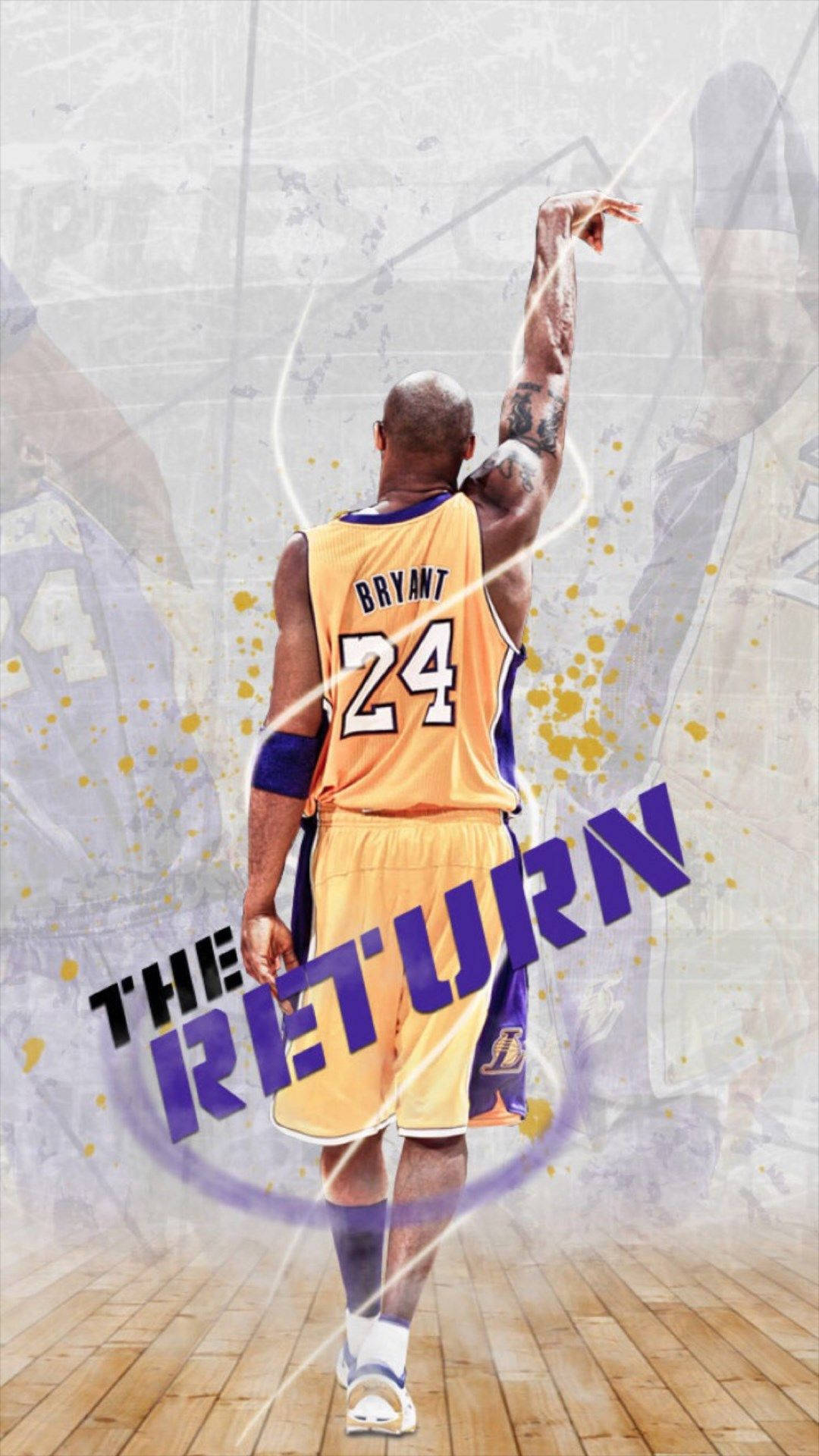 NBA iPhone 科比·布萊恩特 回歸湖人隊 壁紙 — 一名身穿黃色24號球衣的籃球運動員在木地板上舉起手臂，展現勝利姿態，並帶有「THE RETURN」文字。