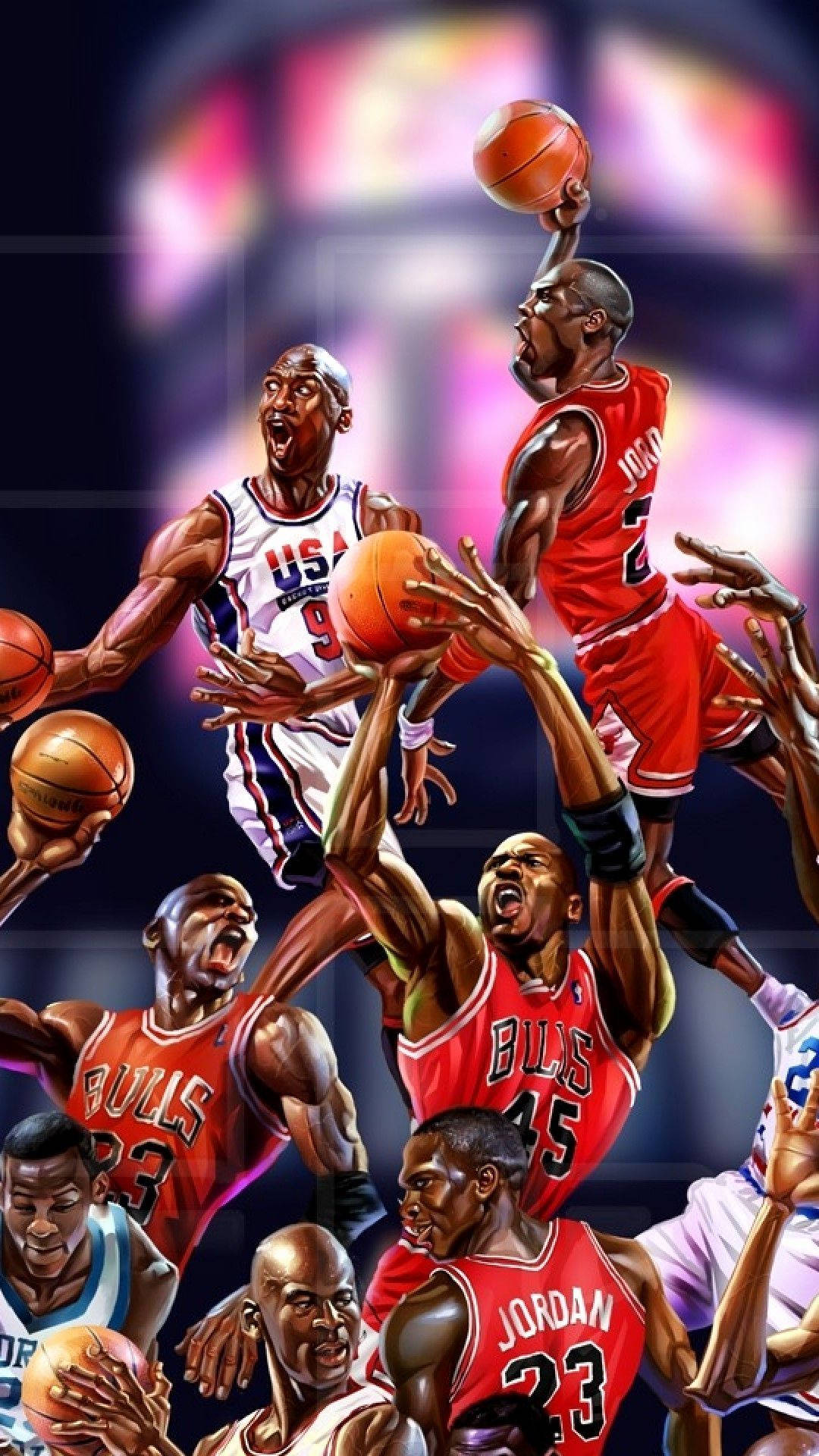 NBA iPhone 迈克尔·乔丹 芝加哥公牛隊經典投籃集錦 壁紙 — 動態插圖，描繪米高佐敦以多個標誌性籃球姿勢，背景為充滿活力的模糊競技場。