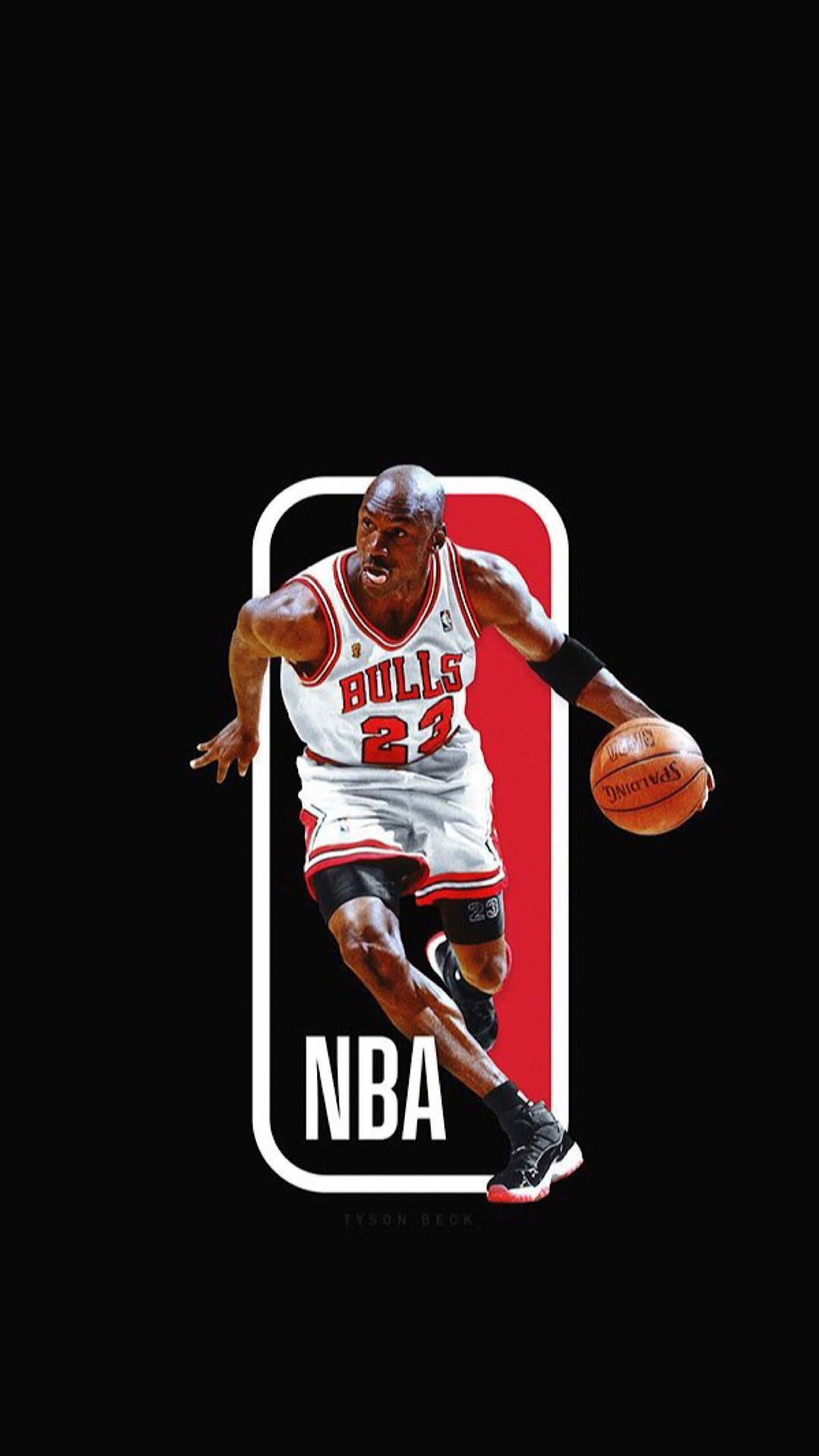 米高佐敦身穿公牛隊球衣運球，背景有NBA標誌。 — 邁克爾·喬丹 壁紙