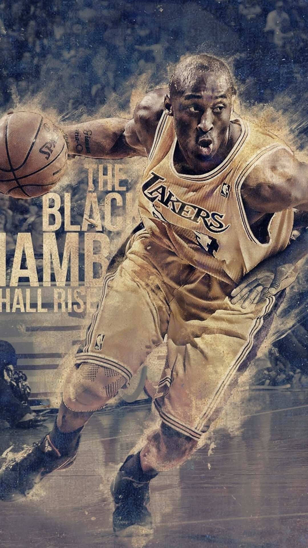 NBA iPhone 黑曼巴科比·布萊恩特 壁紙 — 一位身穿湖人隊球衣的動感籃球運動員，在粗糙紋理背景前專注運球。