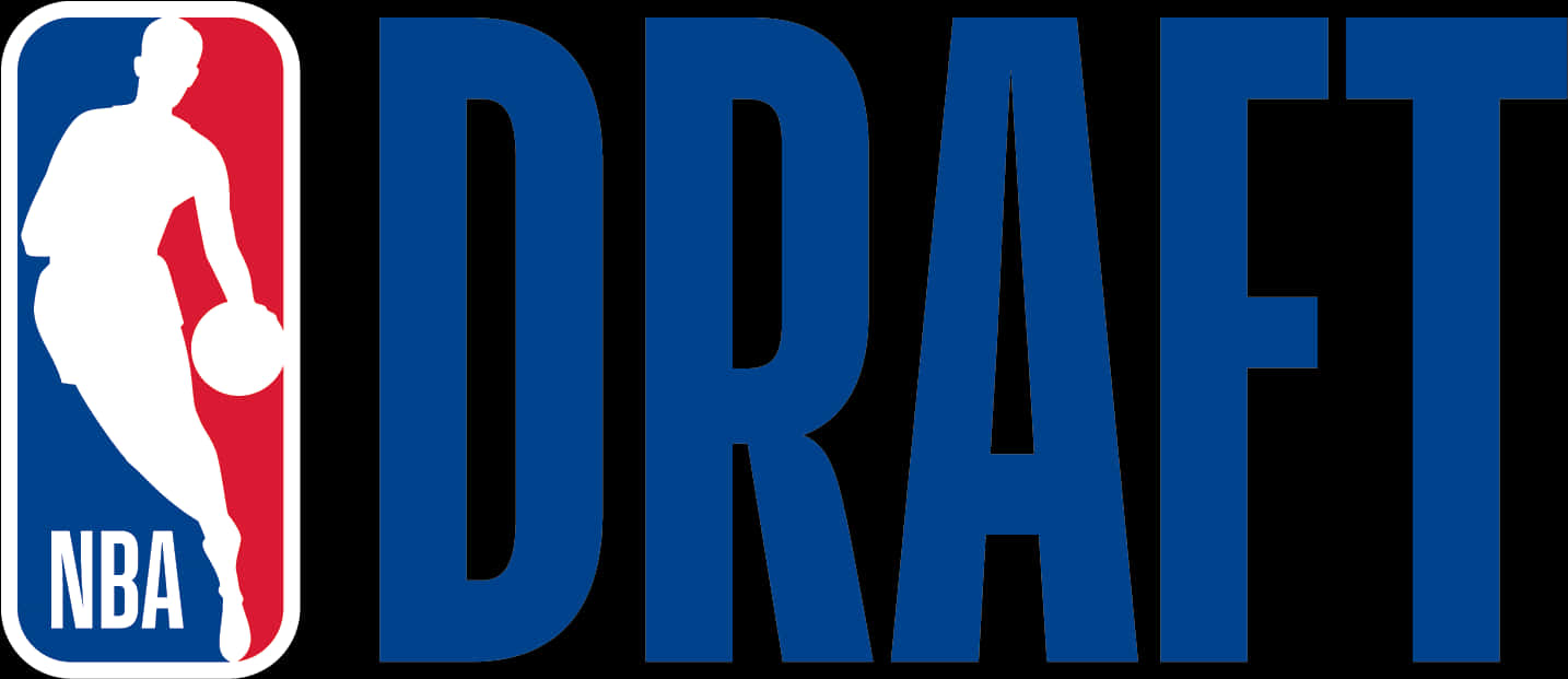NBA選秀標誌 壁紙 — 大膽的藍色NBA DRAFT標誌，白色籃球運動員剪影在紅色和藍色背景上運球。