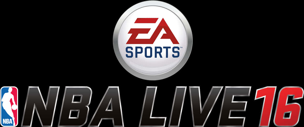 NBA Live16 EA Sports標誌 壁紙 — EA Sports 標誌和 NBA Live 16 標題以粗體金屬和紅色字體顯示在黑色背景上。