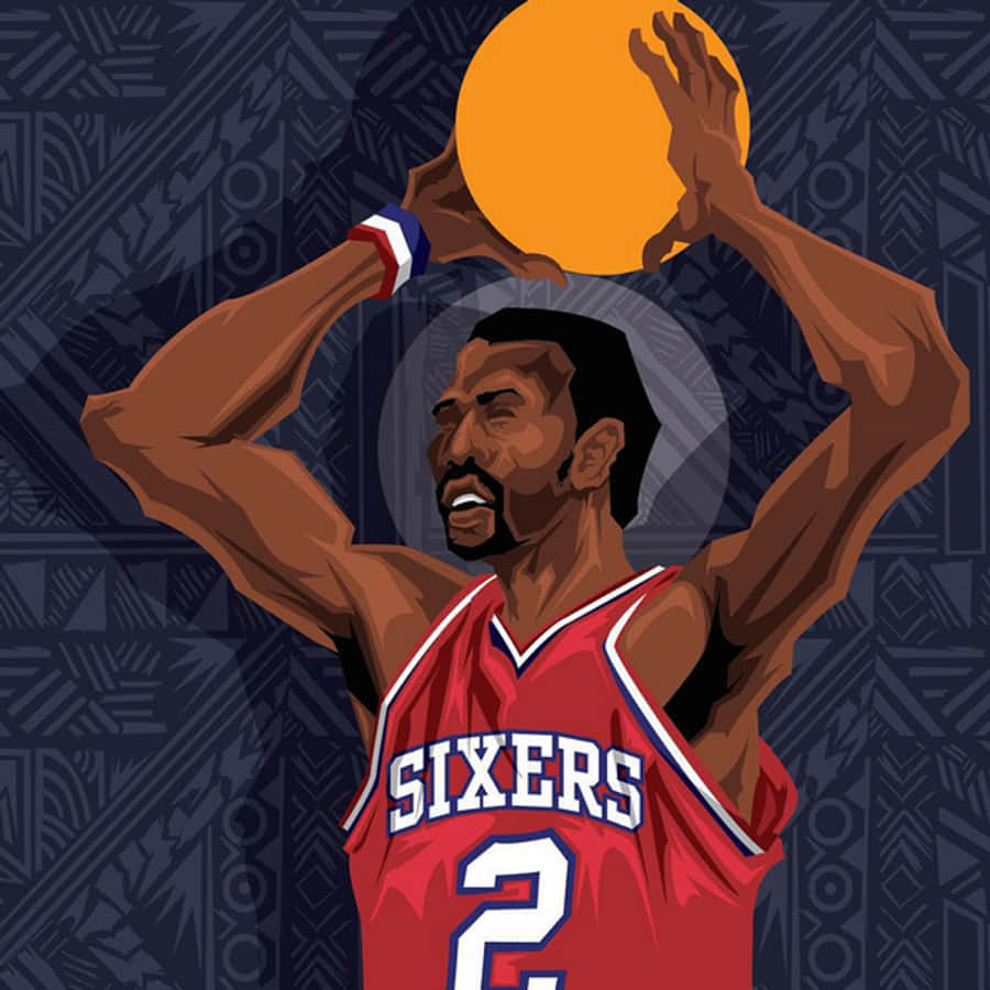 NBA球星摩西·馬龍 壁紙 — 一名身穿紅色Sixers球衣的籃球運動員，在深色圖案背景前，以高度專注的姿態準備投籃。