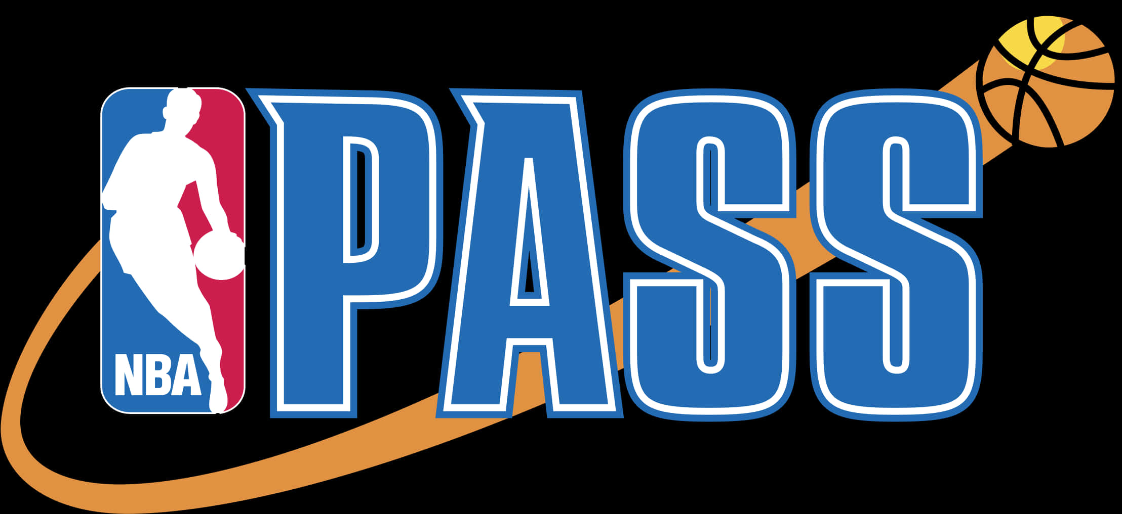 NBA PASS標誌設計 壁紙 — 大膽的藍色NBA PASS標誌，帶有白色籃球運動員剪影和橙色籃球弧線，背景為黑色。