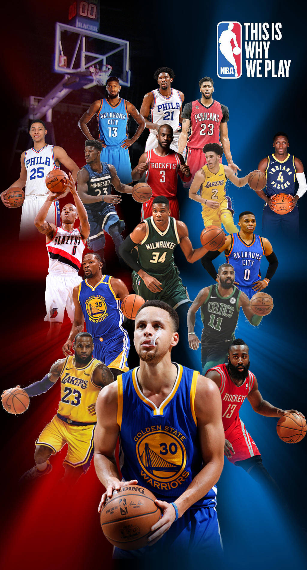 NBA籃球運動員在紅藍背景上手持籃球擺出動作姿勢。
