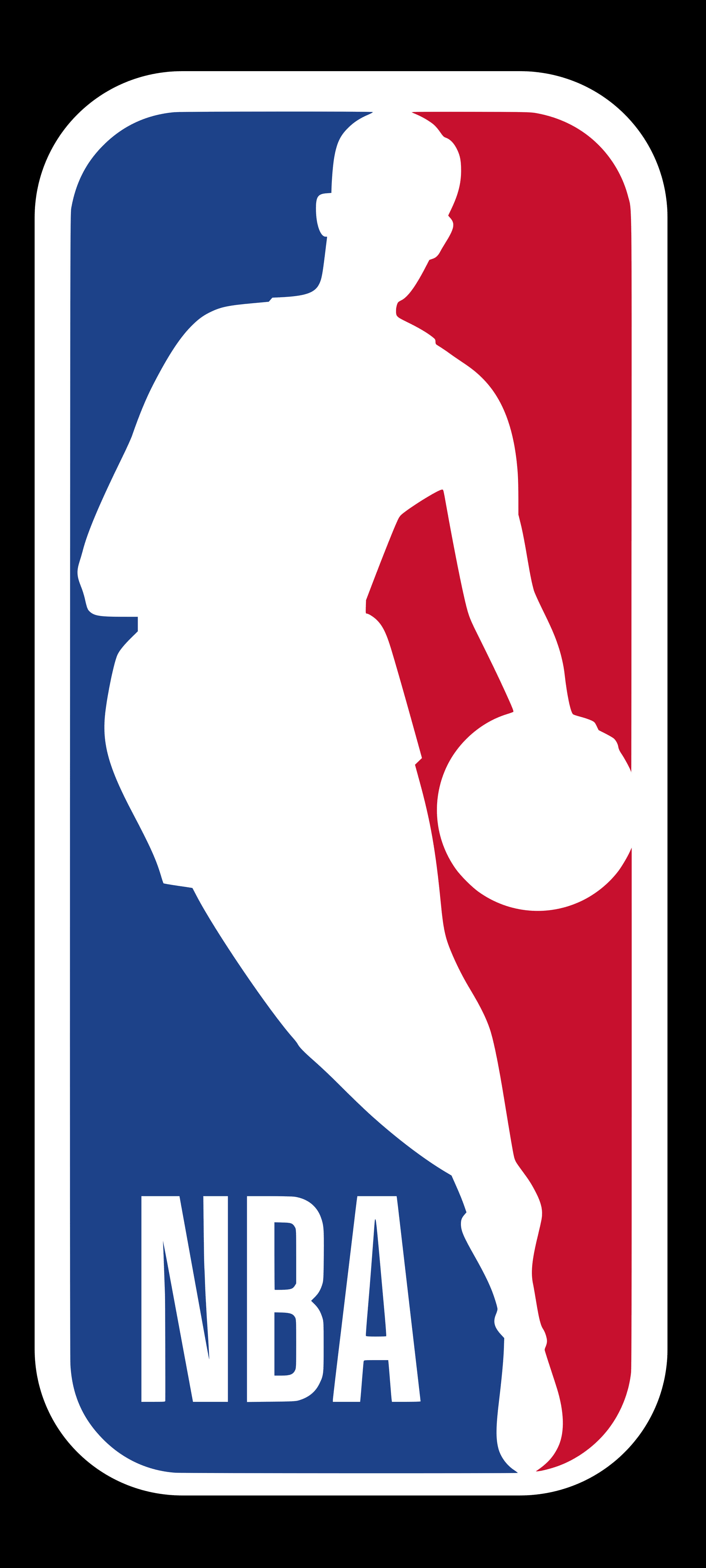 NBA經典剪影標誌 壁紙 — 白色剪影，一個籃球運動員在藍色和紅色背景上運球，帶有NBA文字。