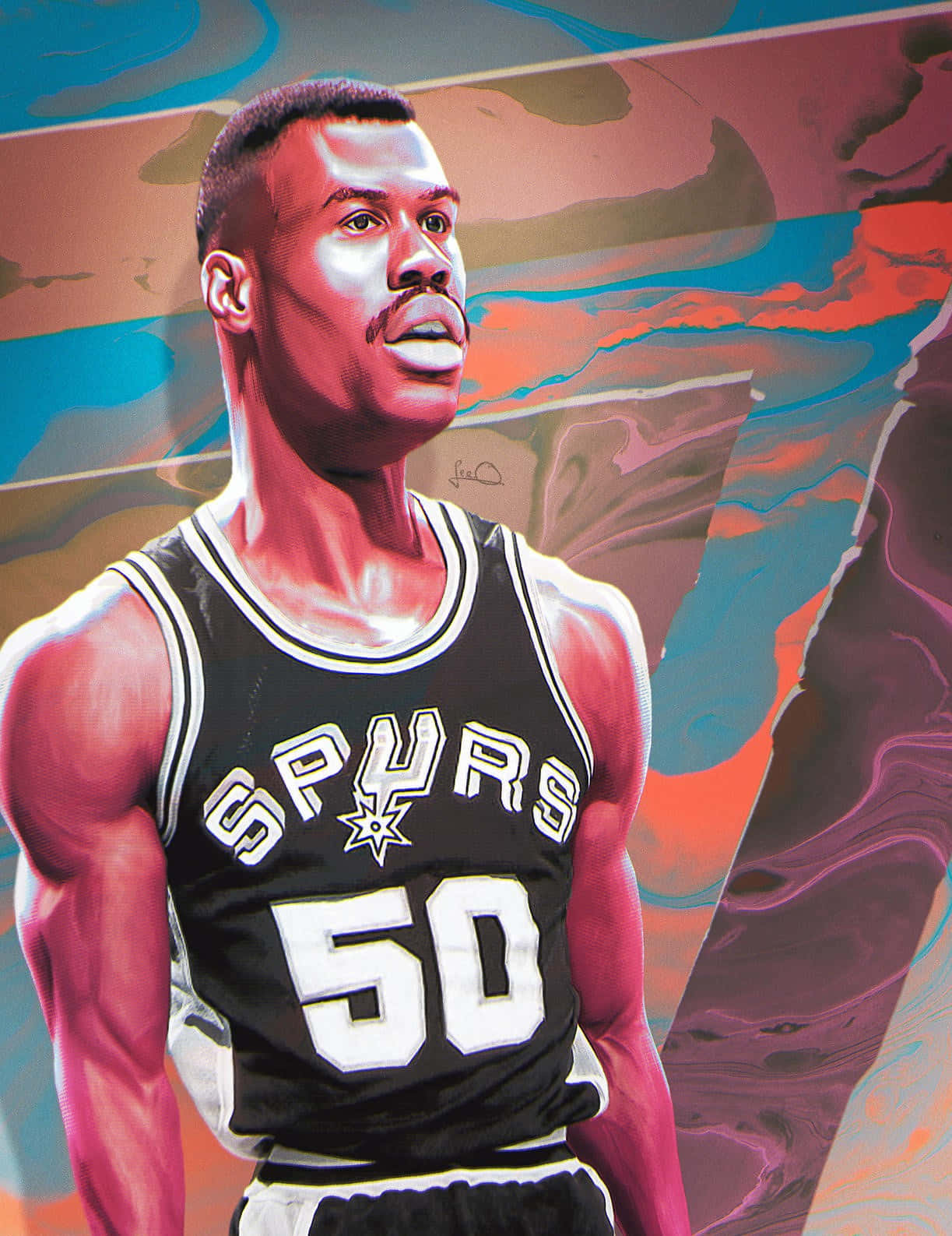 NBA傳奇球星大衛·羅賓遜「海軍上將」藝術作品 壁紙 — 一個風格化的數碼肖像，描繪一位身穿馬刺隊50號球衣的肌肉發達籃球運動員，背景是旋轉的抽象圖案。