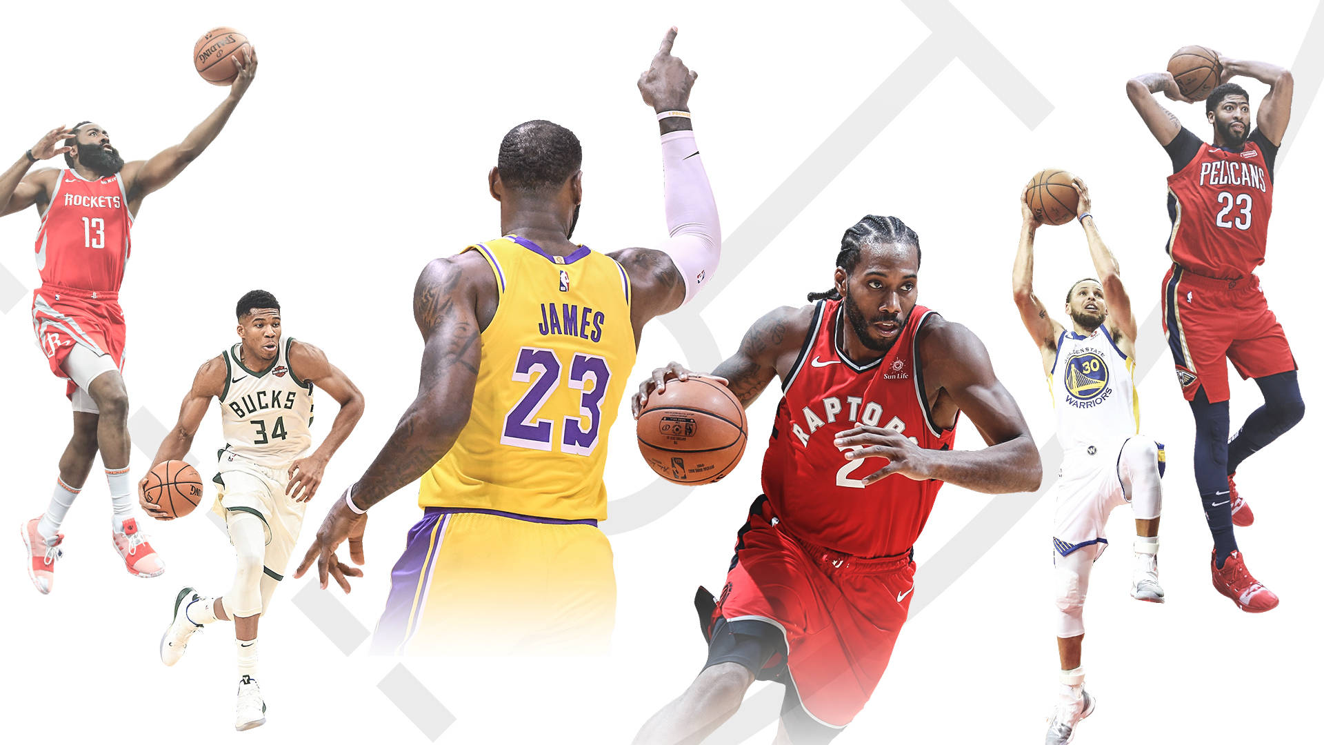 NBA總決賽最佳球員賽事 壁紙 — 六位NBA籃球運動員穿著球隊球衣，在純白背景上擺出動作姿勢的動態拼貼畫。