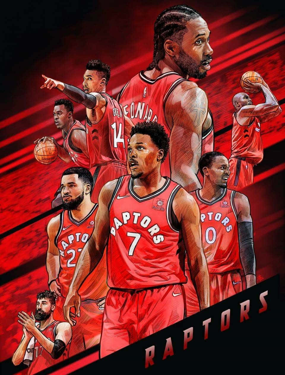 美學 NBA 紅色藝術 壁紙 — 多倫多速龍隊籃球運動員身穿紅色球衣，在強烈的紅色條紋背景前擺出動作姿勢的動態插圖。