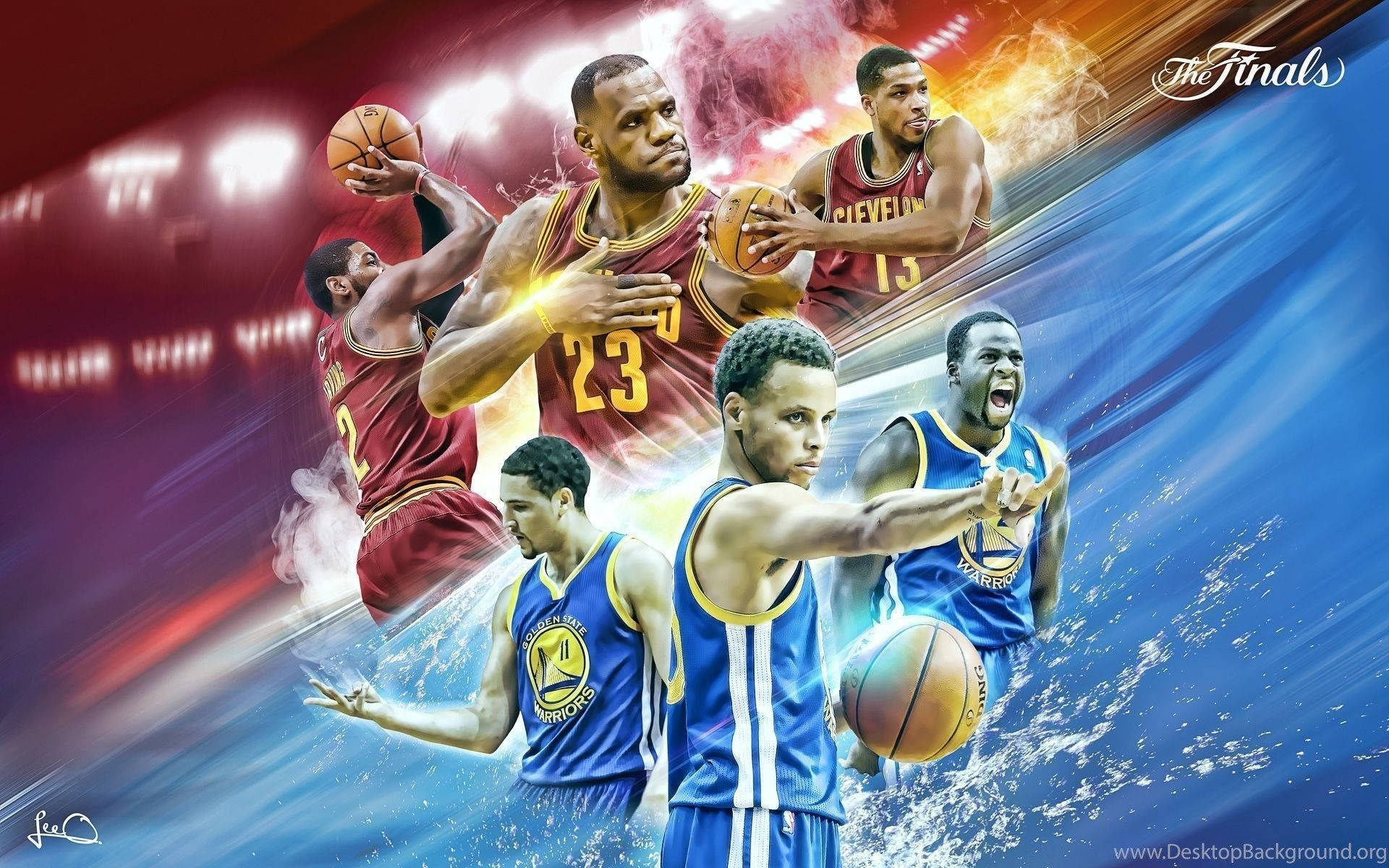酷炫NBA藝術作品 壁紙 — NBA 球員在總決賽中動態的數位藝術作品，帶有火紅和電光藍的動態效果。