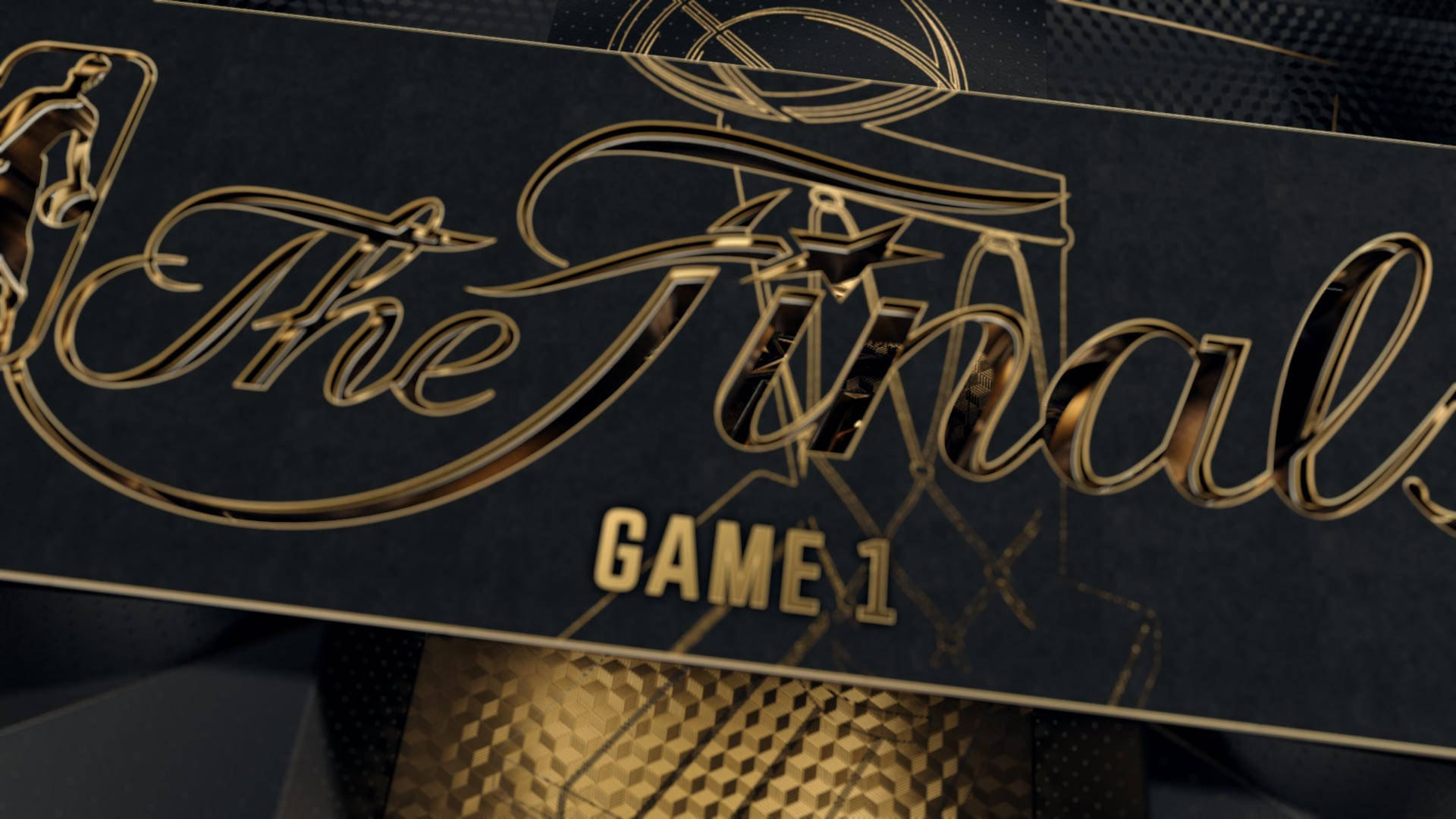NBA總決賽第一場比賽標誌 壁紙 — 金色草書文字 'The Finals Game 1' 在帶有籃球圖案的深色紋理背景上閃耀。