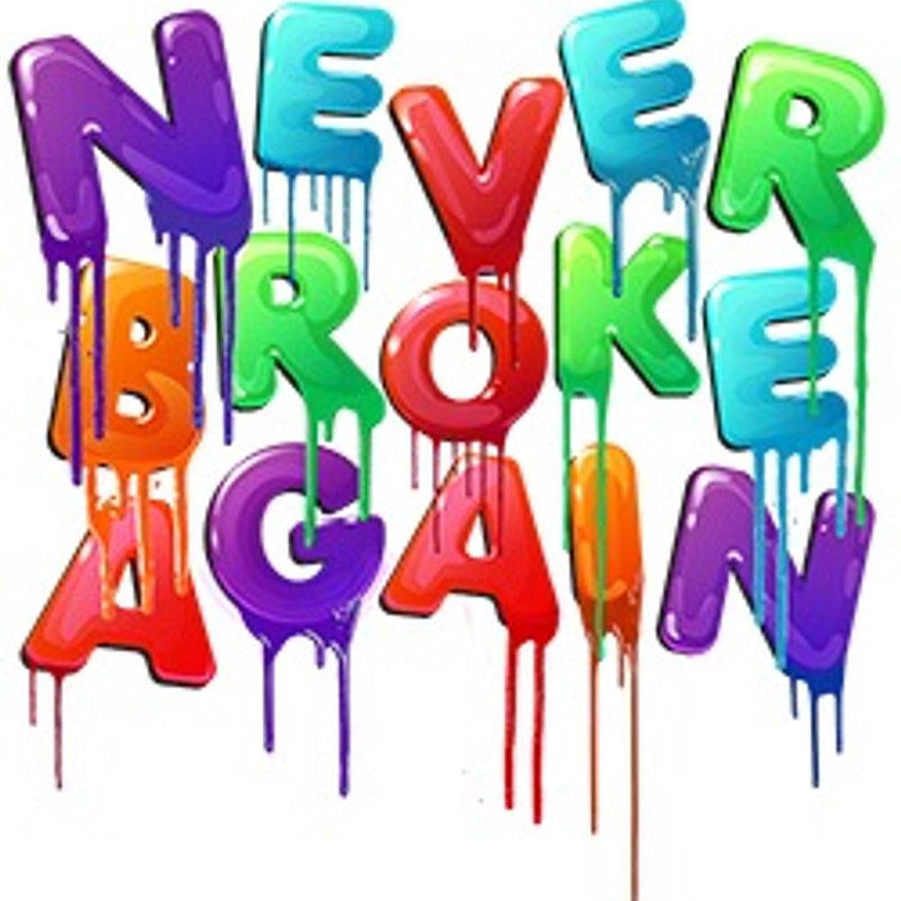 NBA Youngboy 標誌 壁紙 — 鮮豔的彩虹色滴落字母在純白背景上拼出「NEVER BROKE AGAIN」。