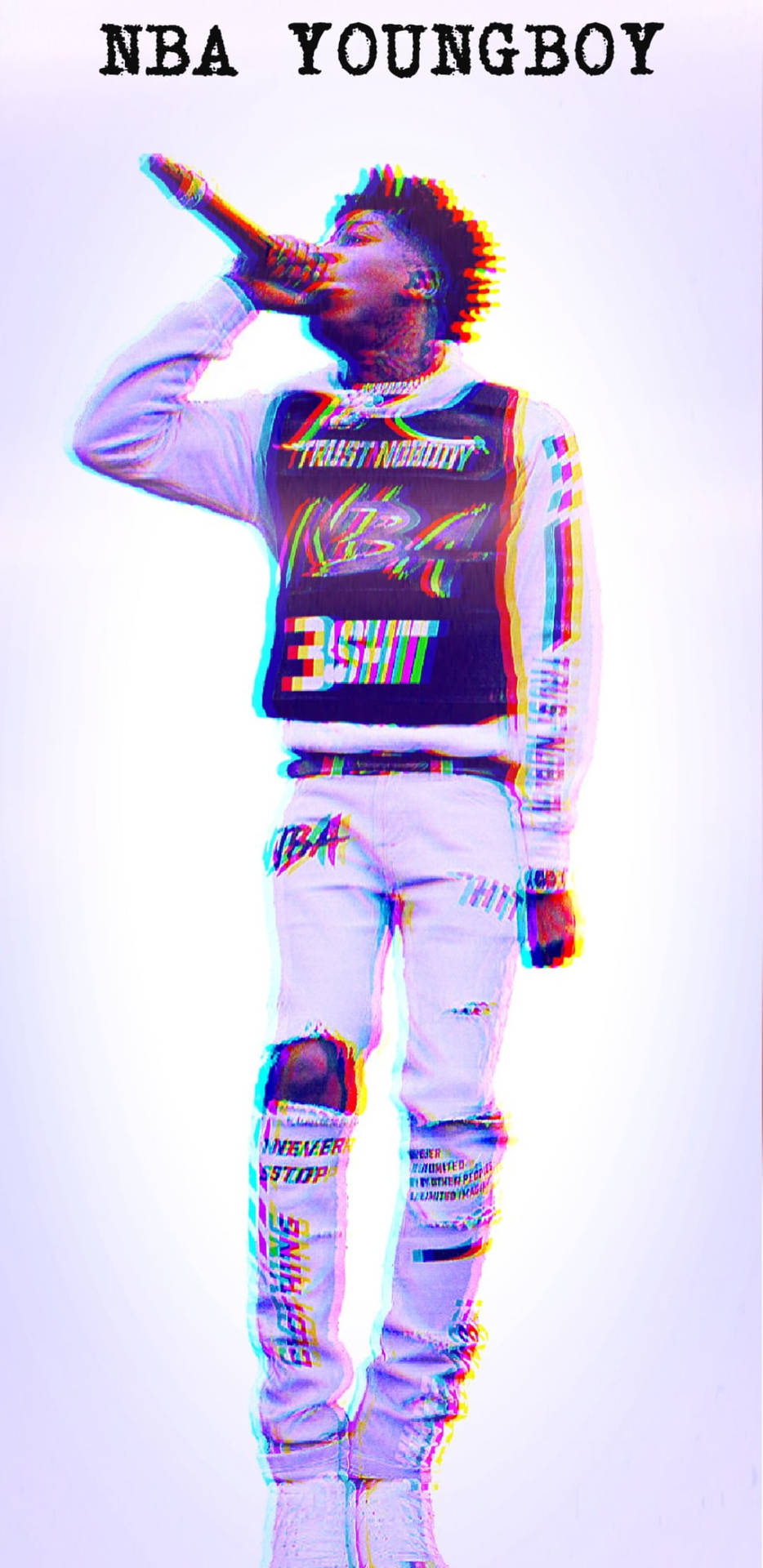 NBA YoungBoy 以故障數位藝術風格說唱，搭配色彩繽紛的街頭服飾。