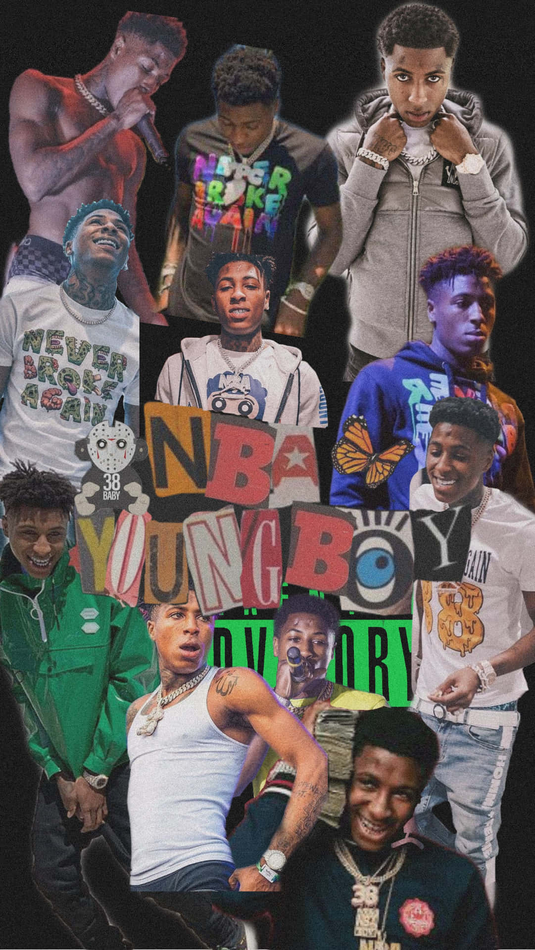 YoungBoy Never Broke Again不同服裝和姿勢的拼貼畫。