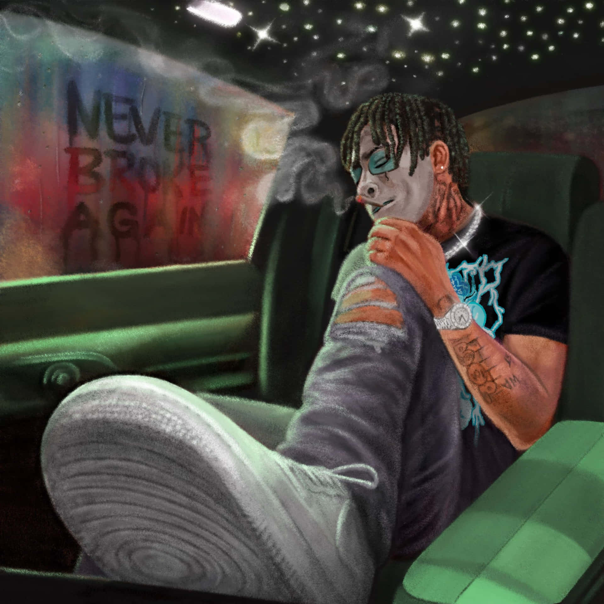 有辮子頭和紋身的男人在車內吸煙，車頂有星空天花板和塗鴉。