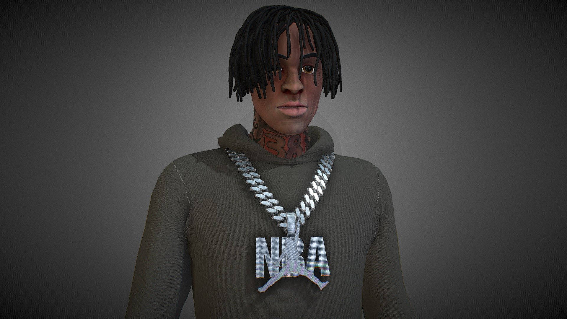 NBA YoungBoy卡通iPhone鎖定畫面 壁紙 — 一個數碼肖像，描繪一名留著辮子頭和紋身的男子，身穿灰色連帽衛衣，戴著一條帶有大型NBA Jordan標誌吊墜的項鍊。