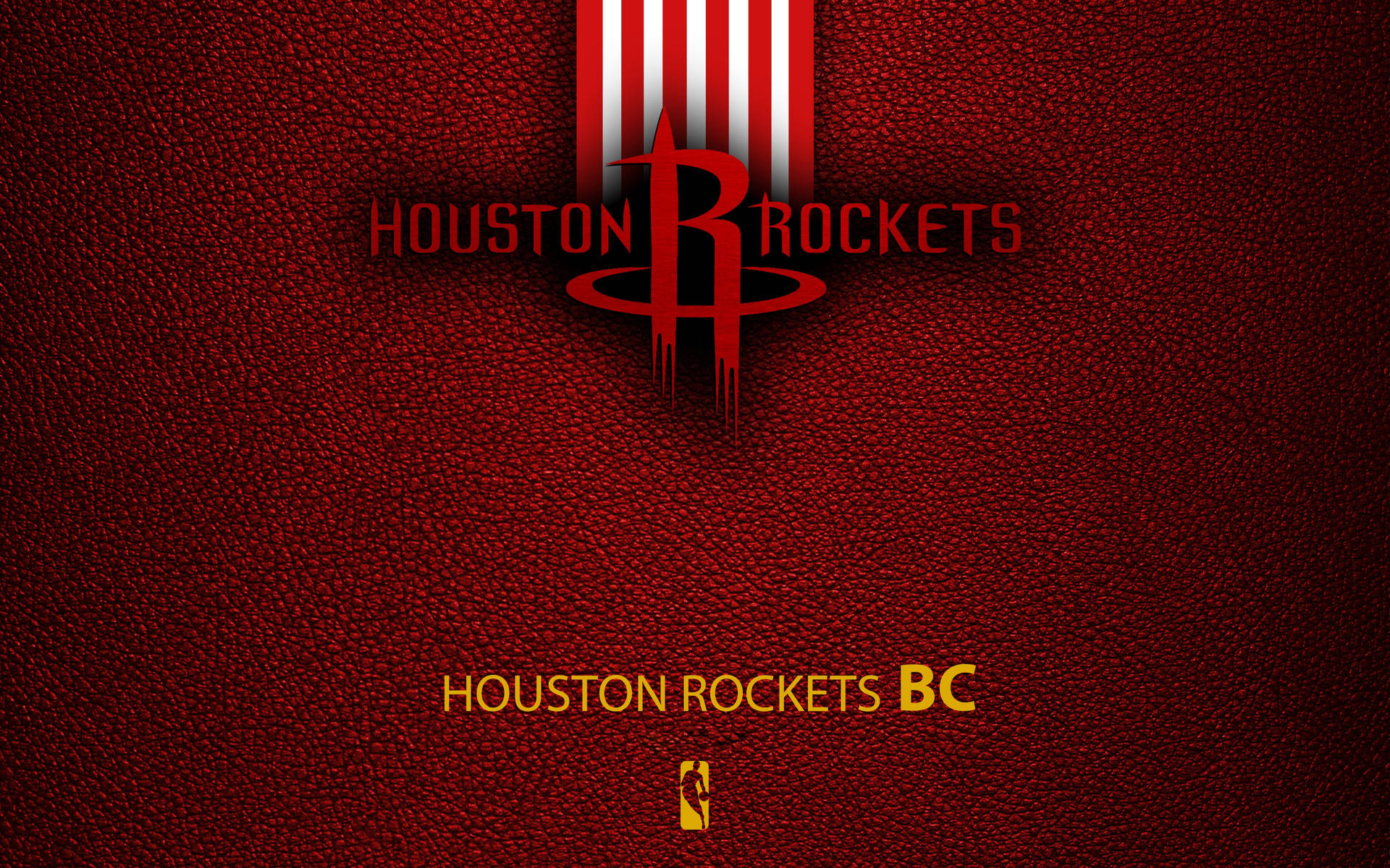侯斯頓火箭籃球隊標誌在紅色皮革紋理背景上，帶有NBA標誌。
