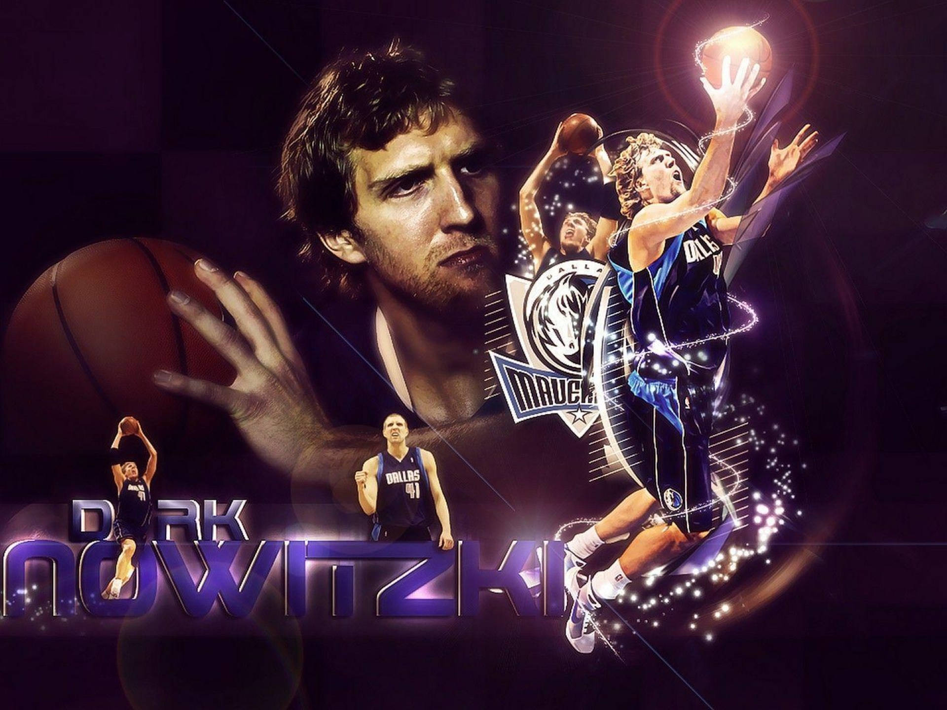 NBA 德克·諾維茨基粉絲藝術作品 壁紙 — 籃球運動員德克·諾維茨基在動作姿勢中帶有發光效果和球隊標誌的動態數位拼貼畫，背景為深色。