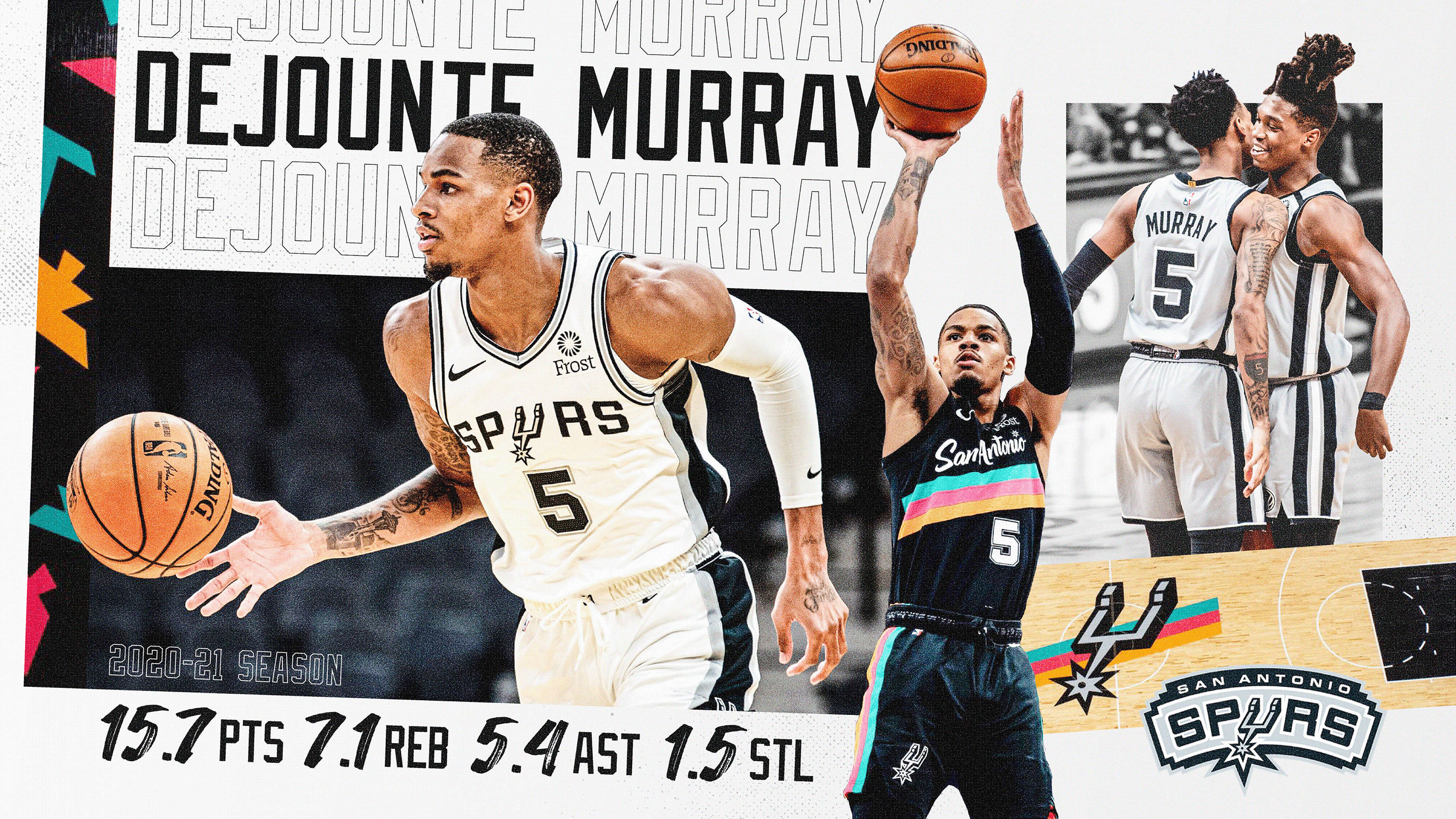 NBA 德容特·默里粉絲藝術畫 壁紙 — 動態籃球運動員 Dejounte Murray 的動作照片，穿著 Spurs 球衣，附有統計數據和球隊品牌。